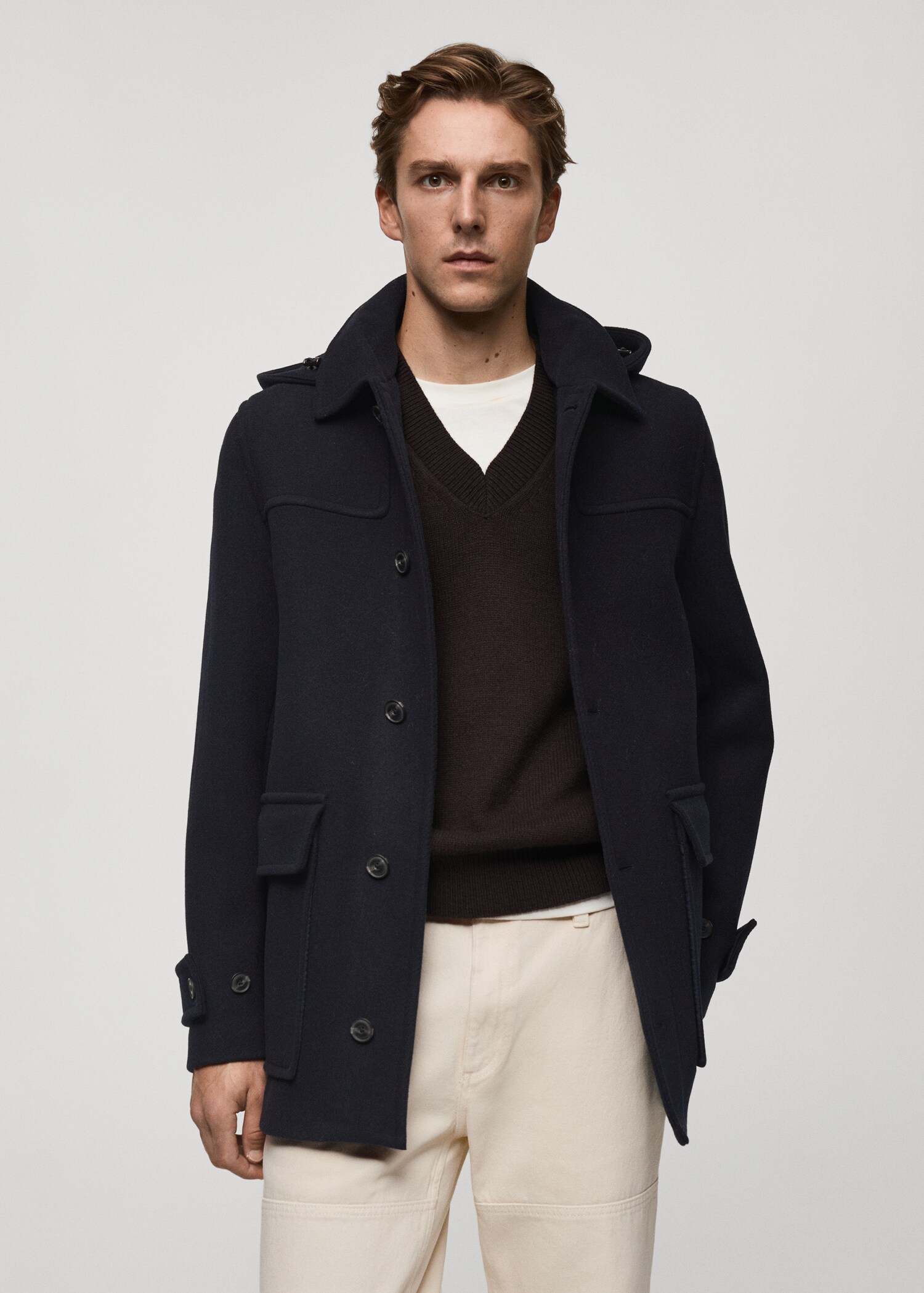 Detachable hood wool coat - Medium plane