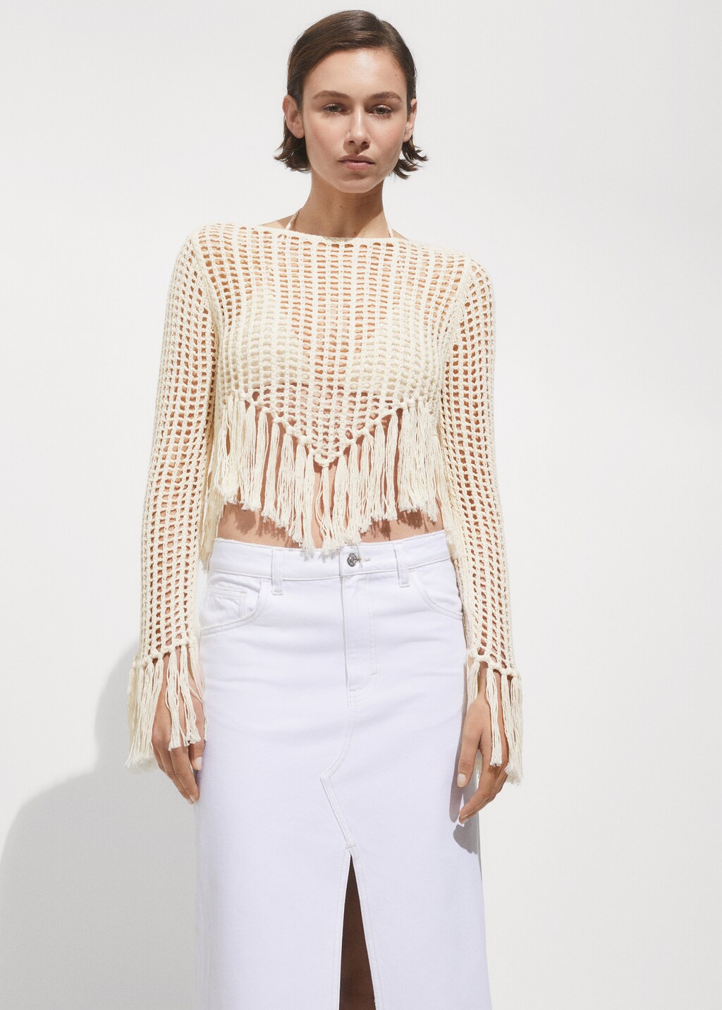 Pull over maille ajouree franges Femme MANGO Suisse
