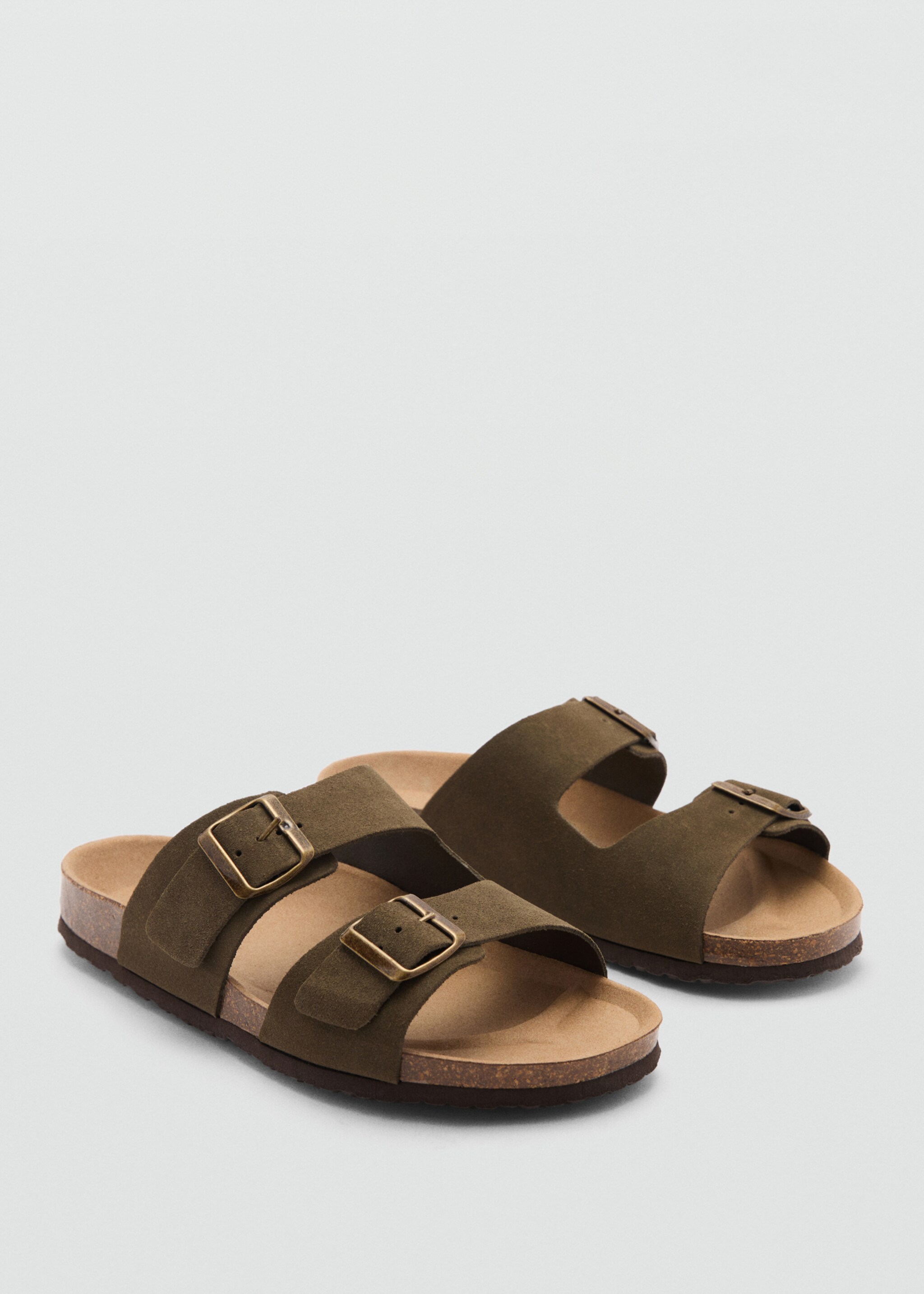 Split leather sandals with buckle - Medium plane, Khaki. Ref: 77030389-00.