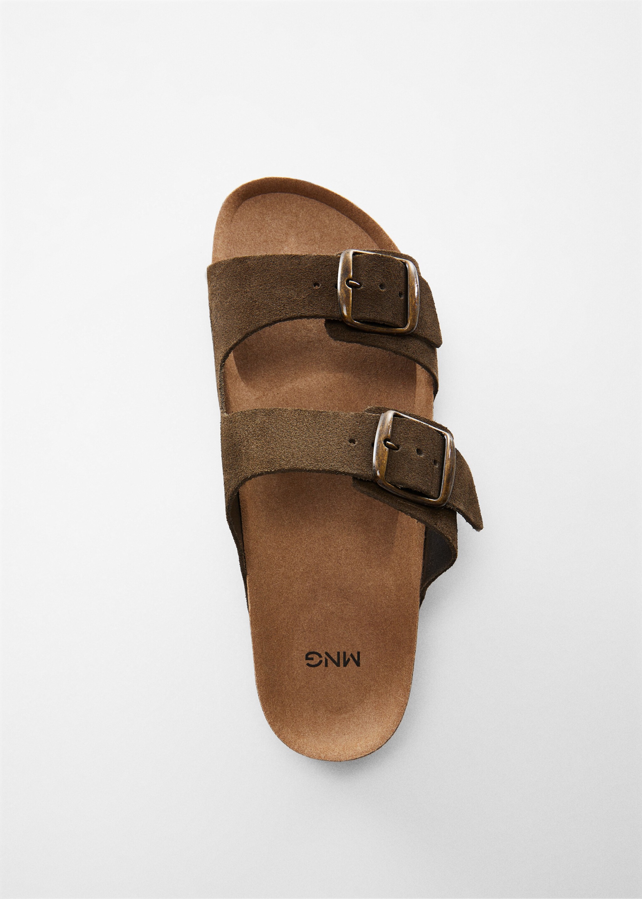 Split leather sandals with buckle - Details of the article 6, Khaki. Ref: 77030389-00.