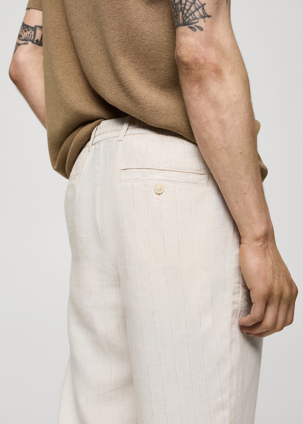 MANGO MAN 100 linen striped trousers with drawstring off White 34 Man