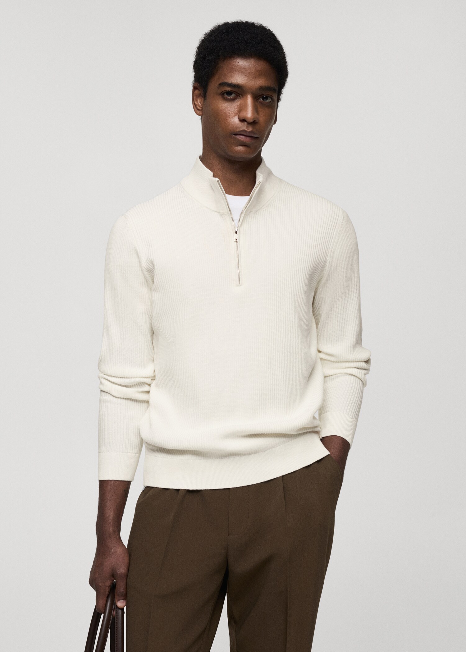 Pull-over maille côtelée col zippé - Plan moyen