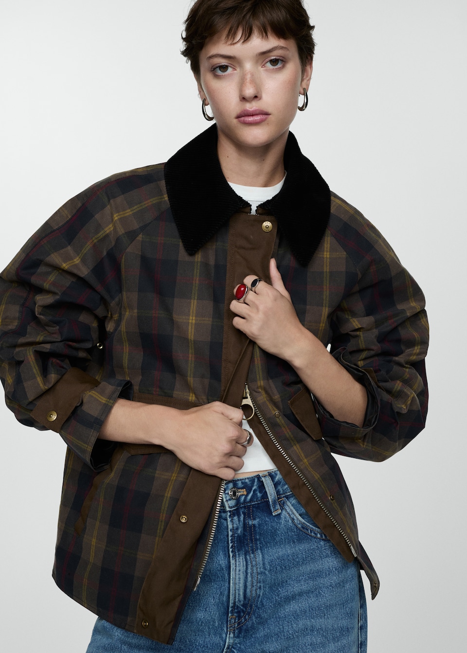 Mango Check parka with contrasting collar