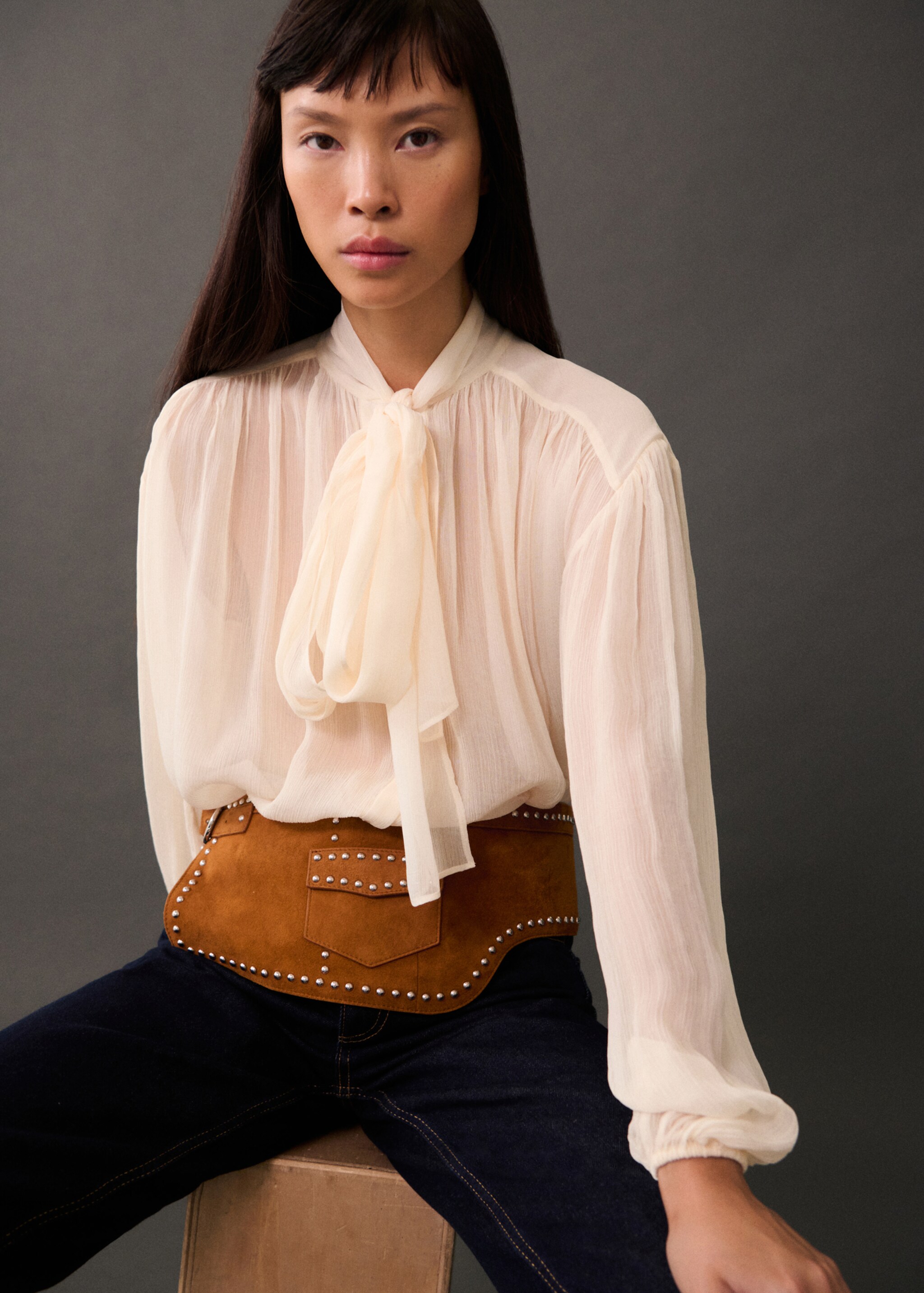 Blouse with puffed sleeves and bow - Medium plane