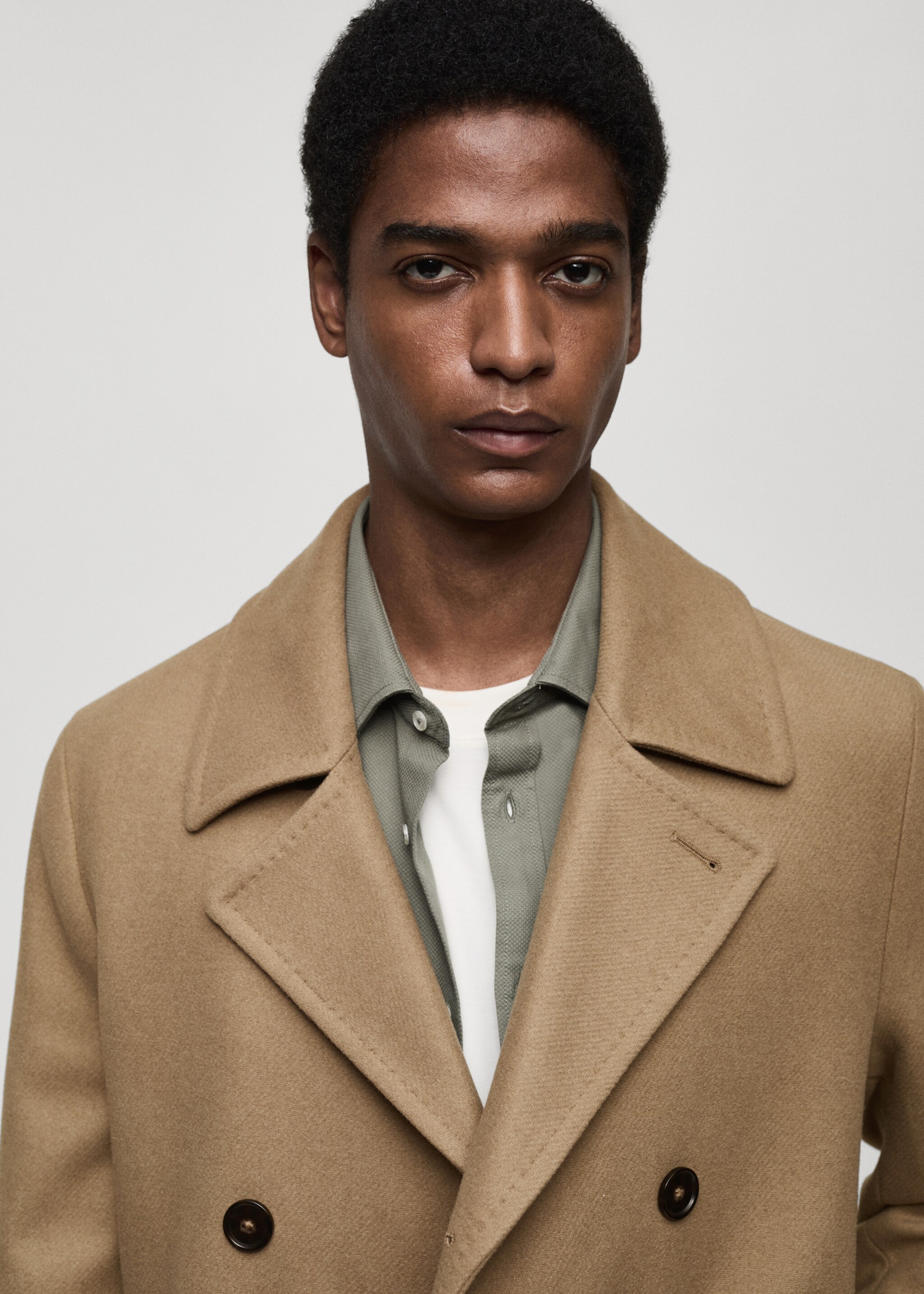 Wool double-breasted coat with buttons - Details of the article 1, Medium Brown. Ref: 77035966-00.