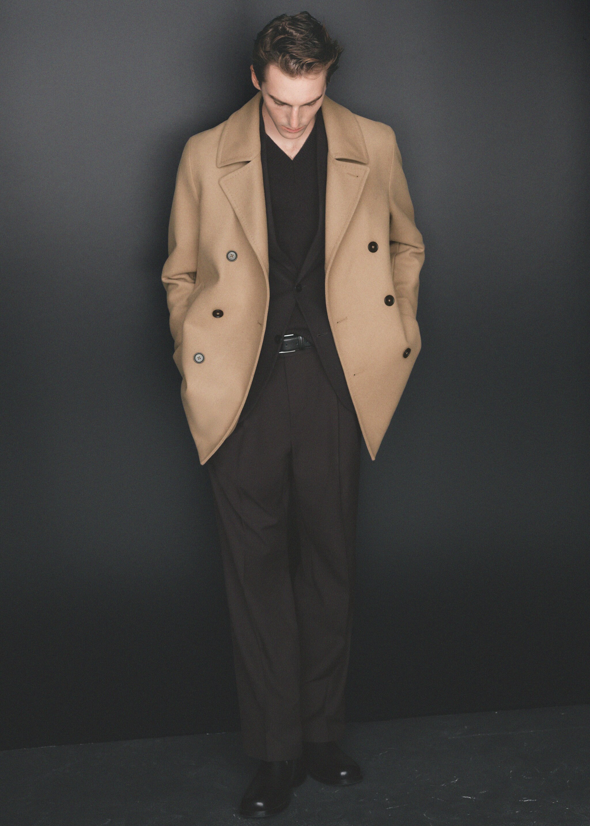 Wool double-breasted coat with buttons - Details of the article 3, Medium Brown. Ref: 77035966-00.