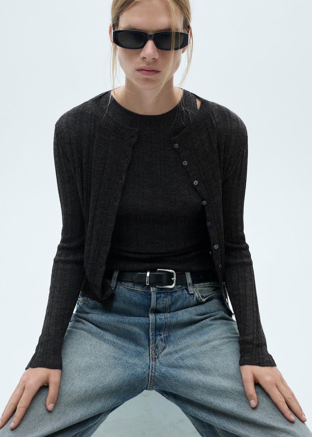 MANGO Button knit cardigan dark heather grey M Woman