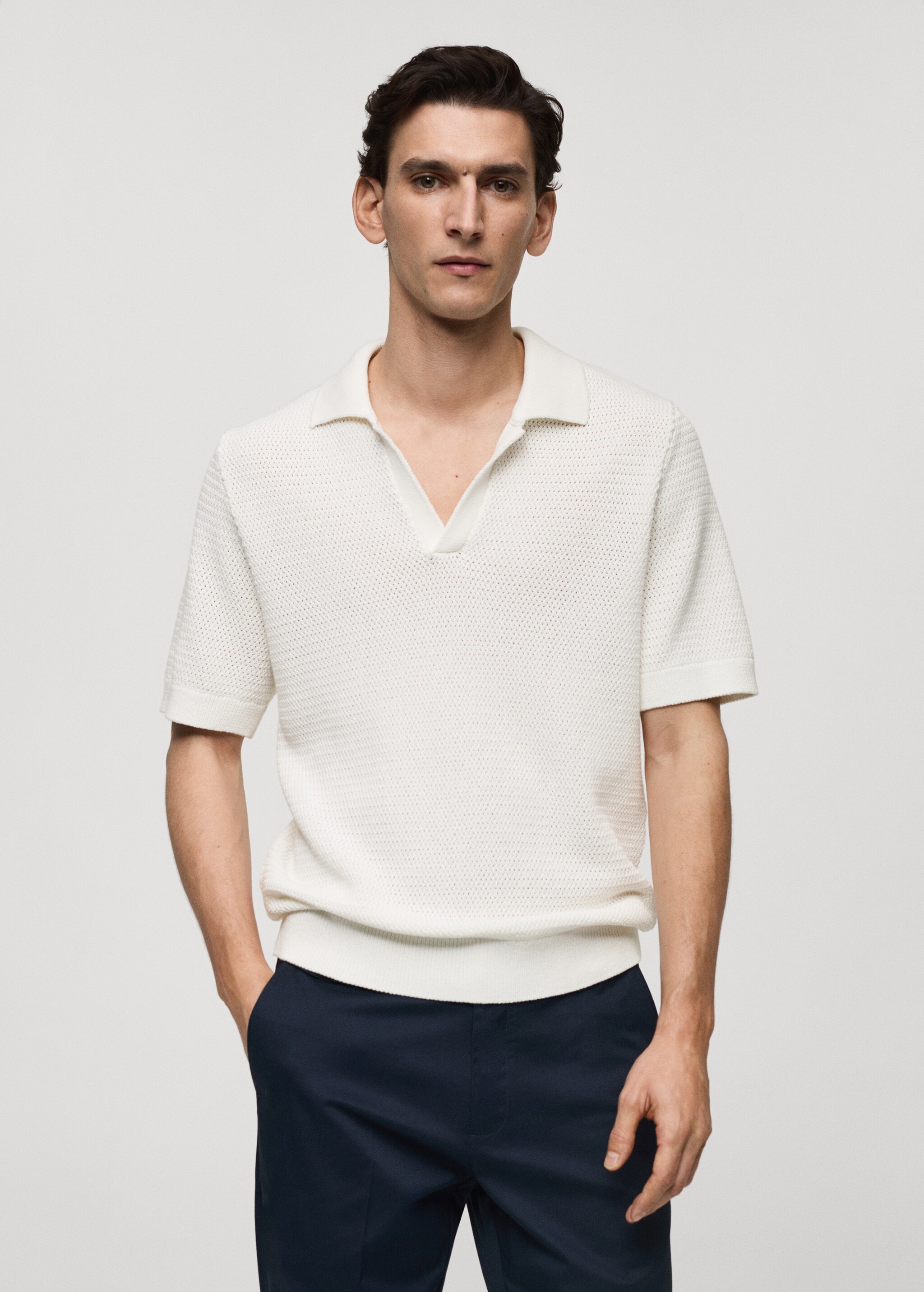 Strick-Poloshirt aus Baumwolle mit Lochmuster - Mittlere Ansicht