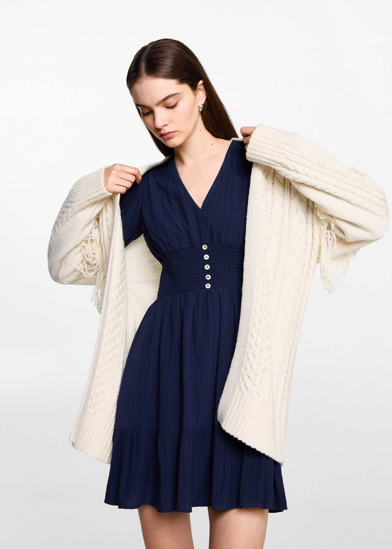 Cable knit cardigan with fringes - Medium plane