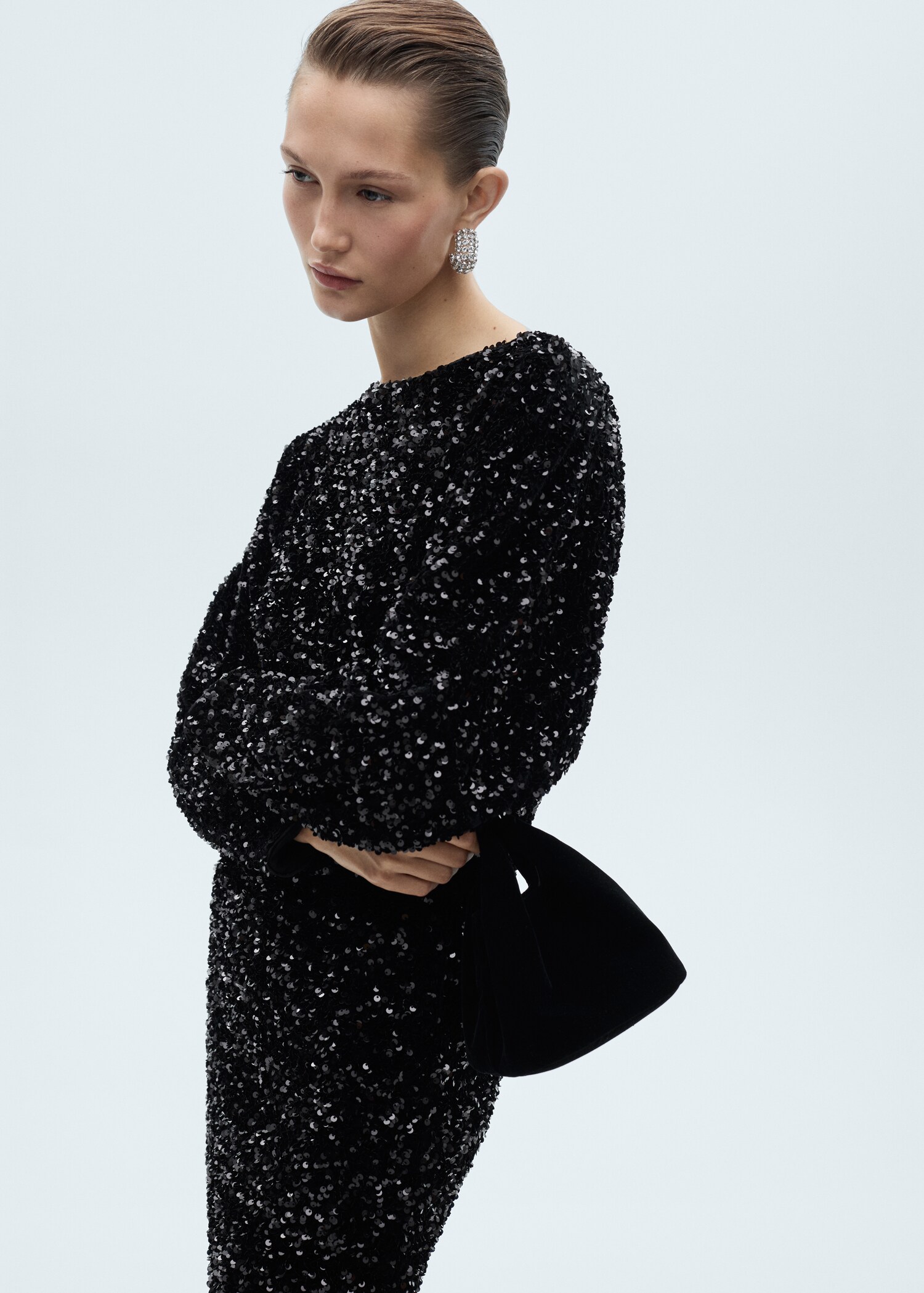 Vestido lentejuelas manga abullonada - Plano medio