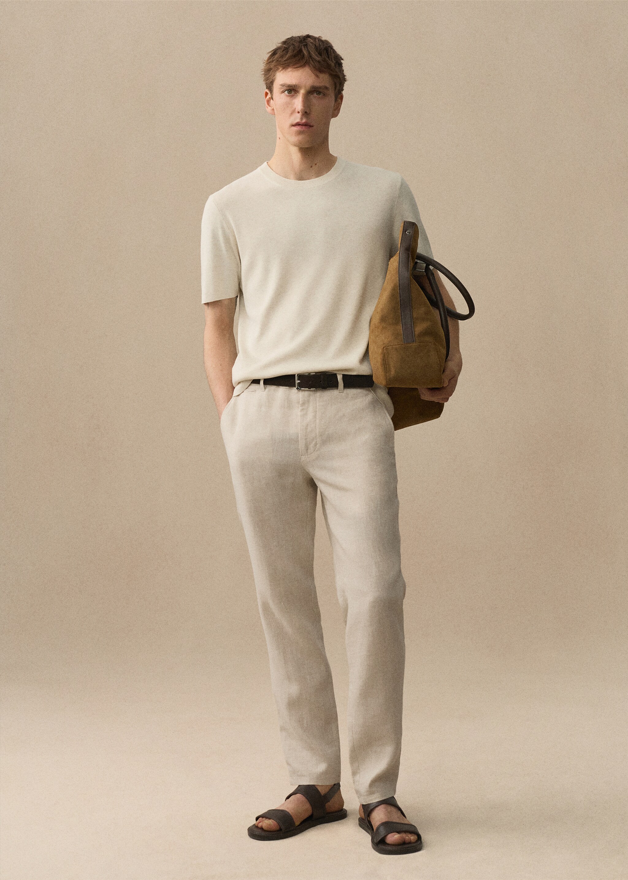Slim-fit 100% linen trousers - Details of the article 5, Ecru. Ref: 77050250-00.