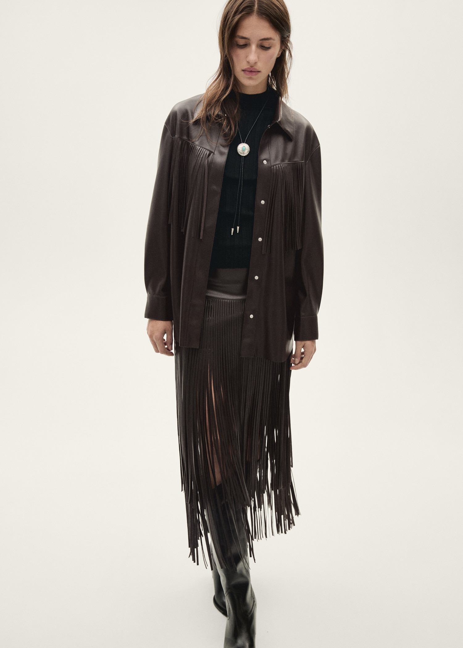 Leather-effect fringed skirt MANGO Montenegro