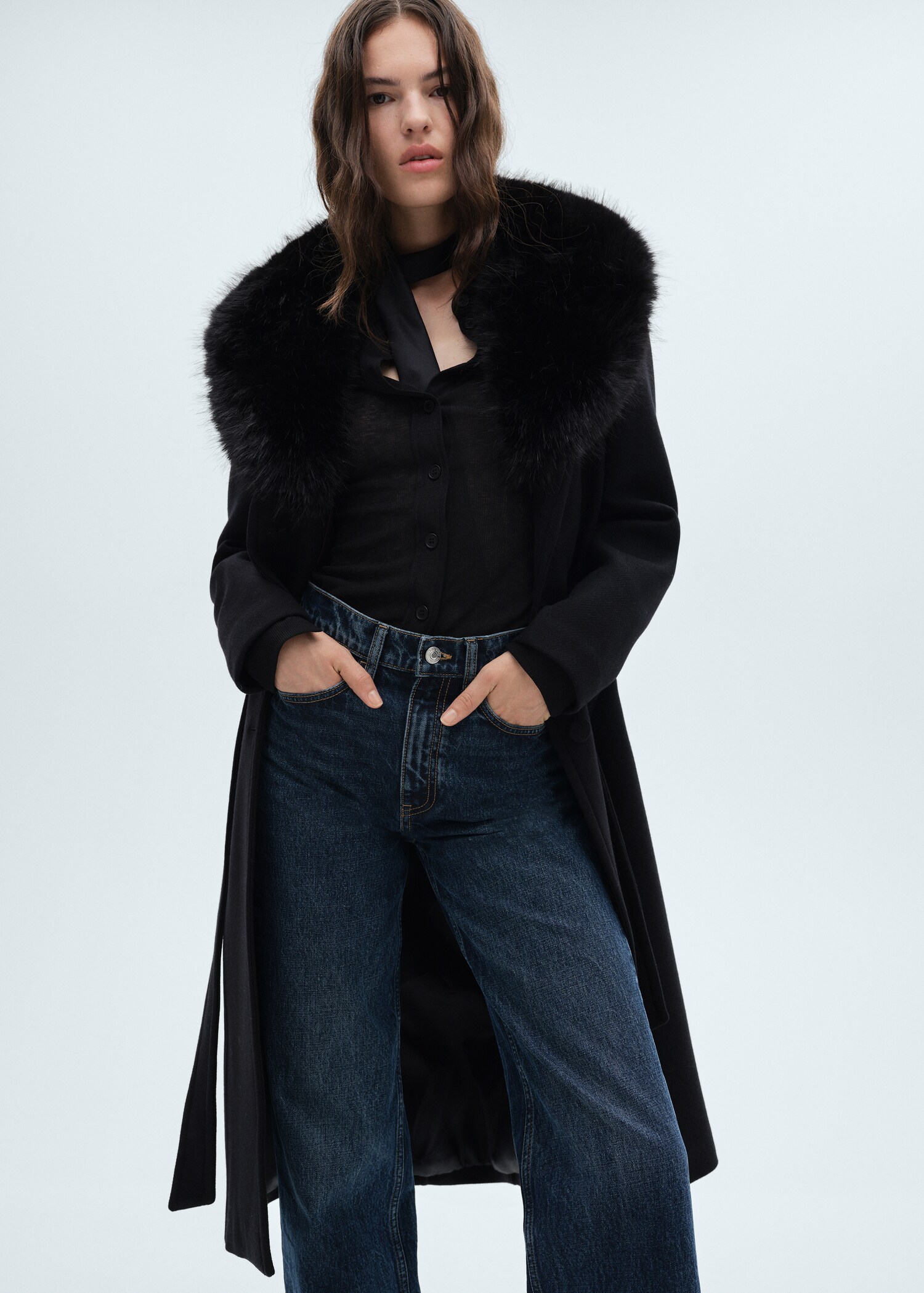 Manteau laine col imitation fourrure amovible - Plan moyen