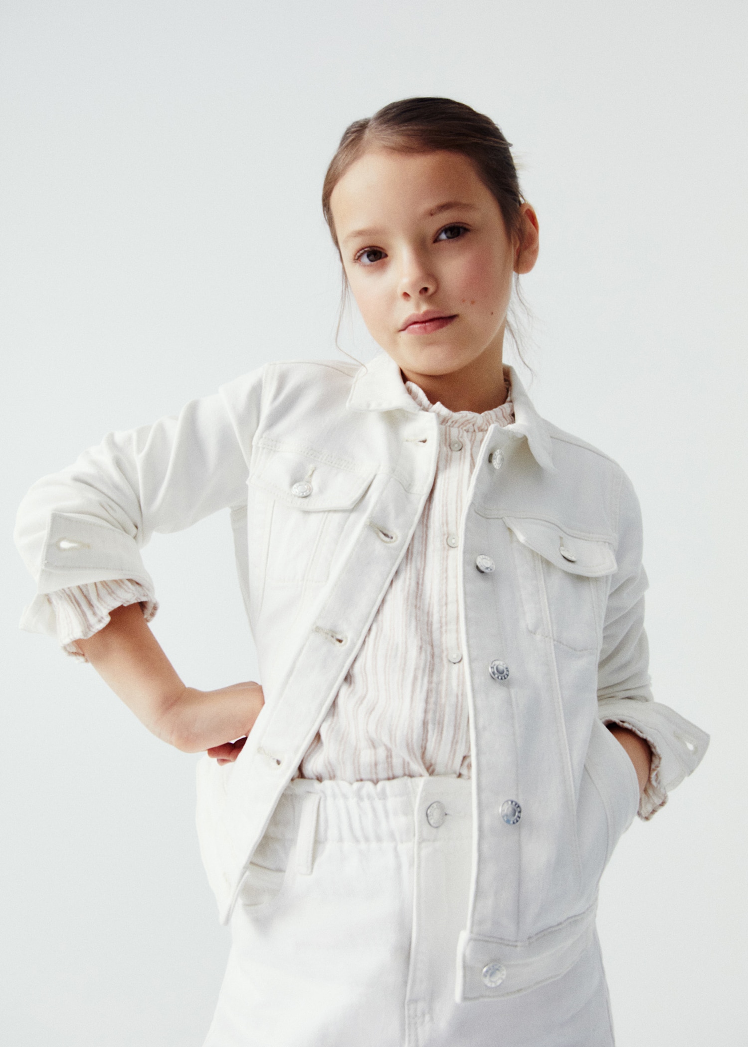 Girl White Denim Long Jacket Denim Jacket Pockets