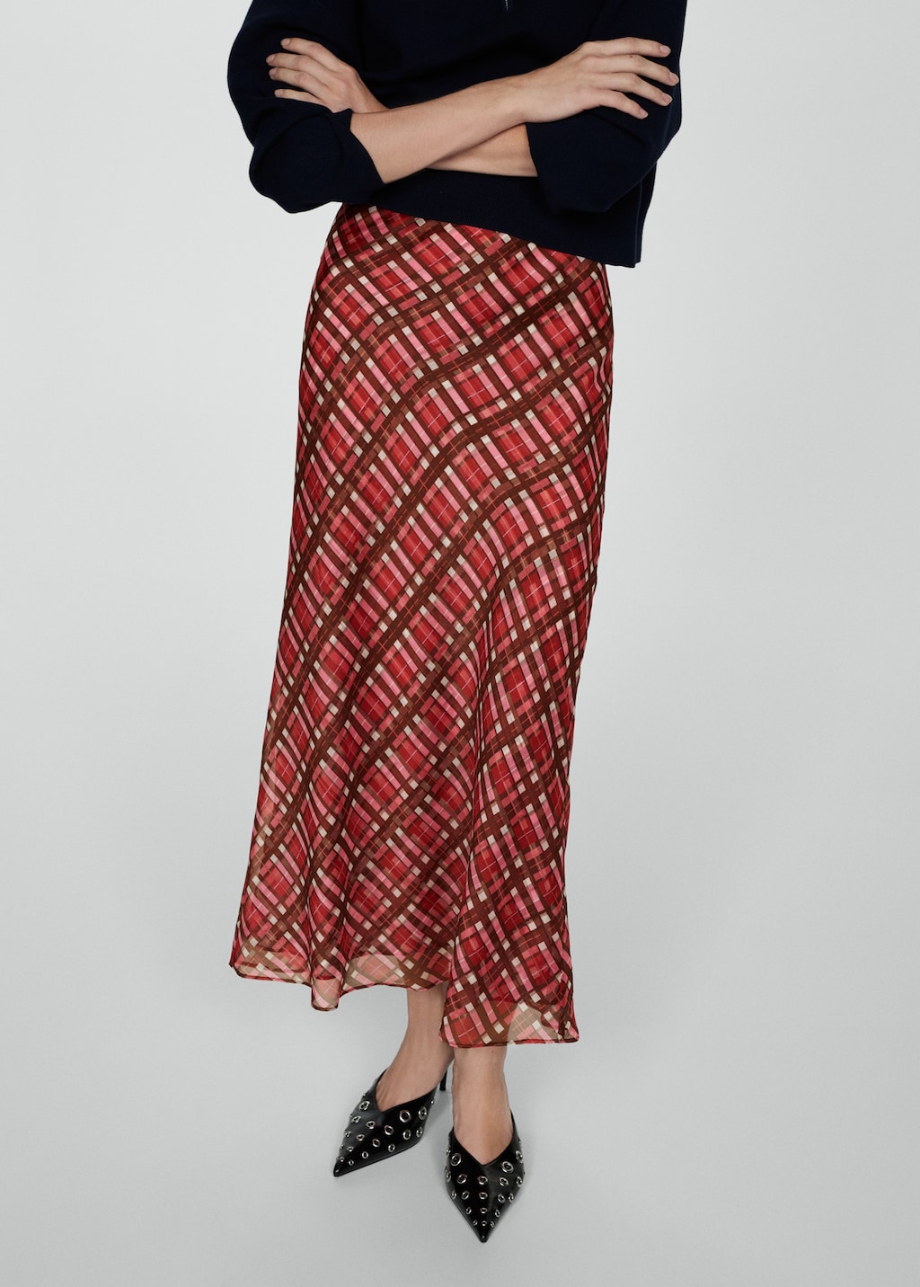 MANGO Checked long skirt maroon M Woman