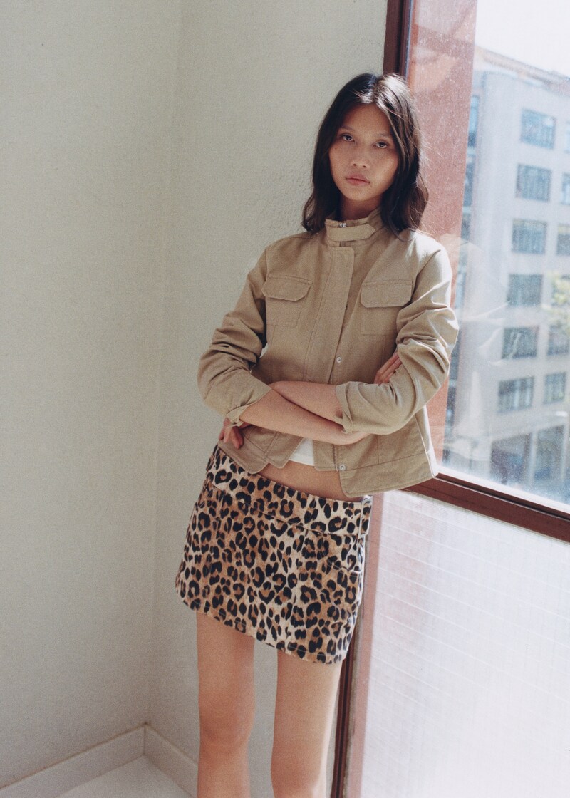 Leopard Print Mid-Rise Slim Fit Denim Mini Skirt main image 1