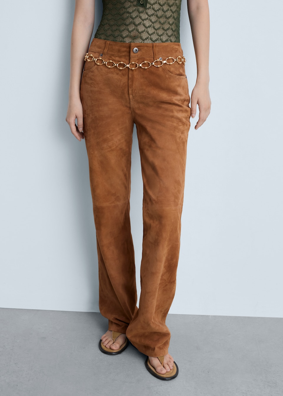 Mango tan Straight-fit leather trousers