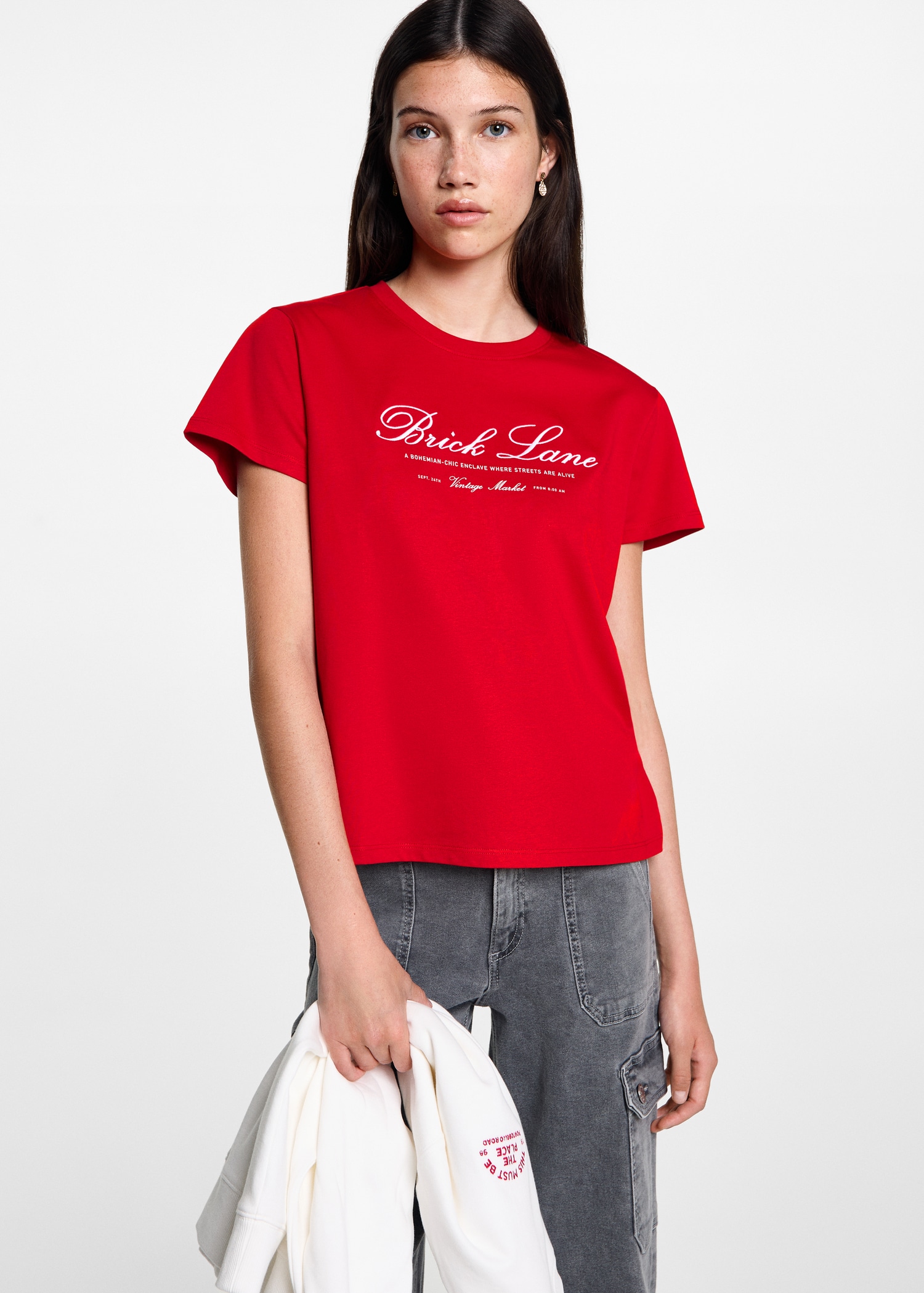 Katoenen T-shirt met geborduurd detail - Middenvlak