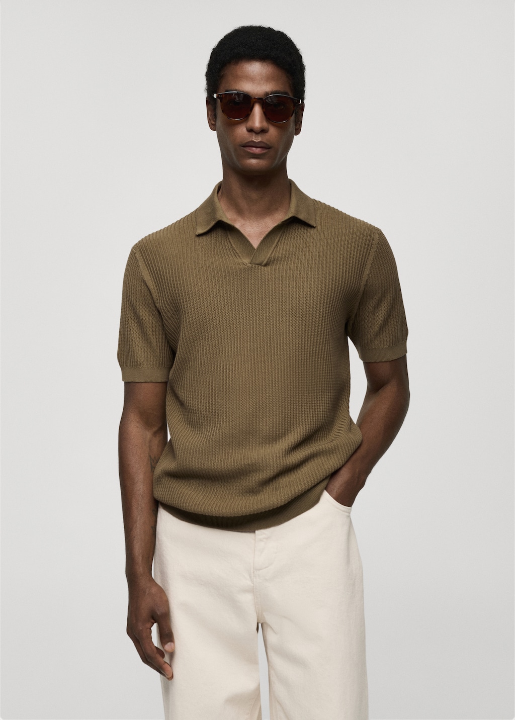 Mango Geripptes Strick-Poloshirt aus Baumwolle