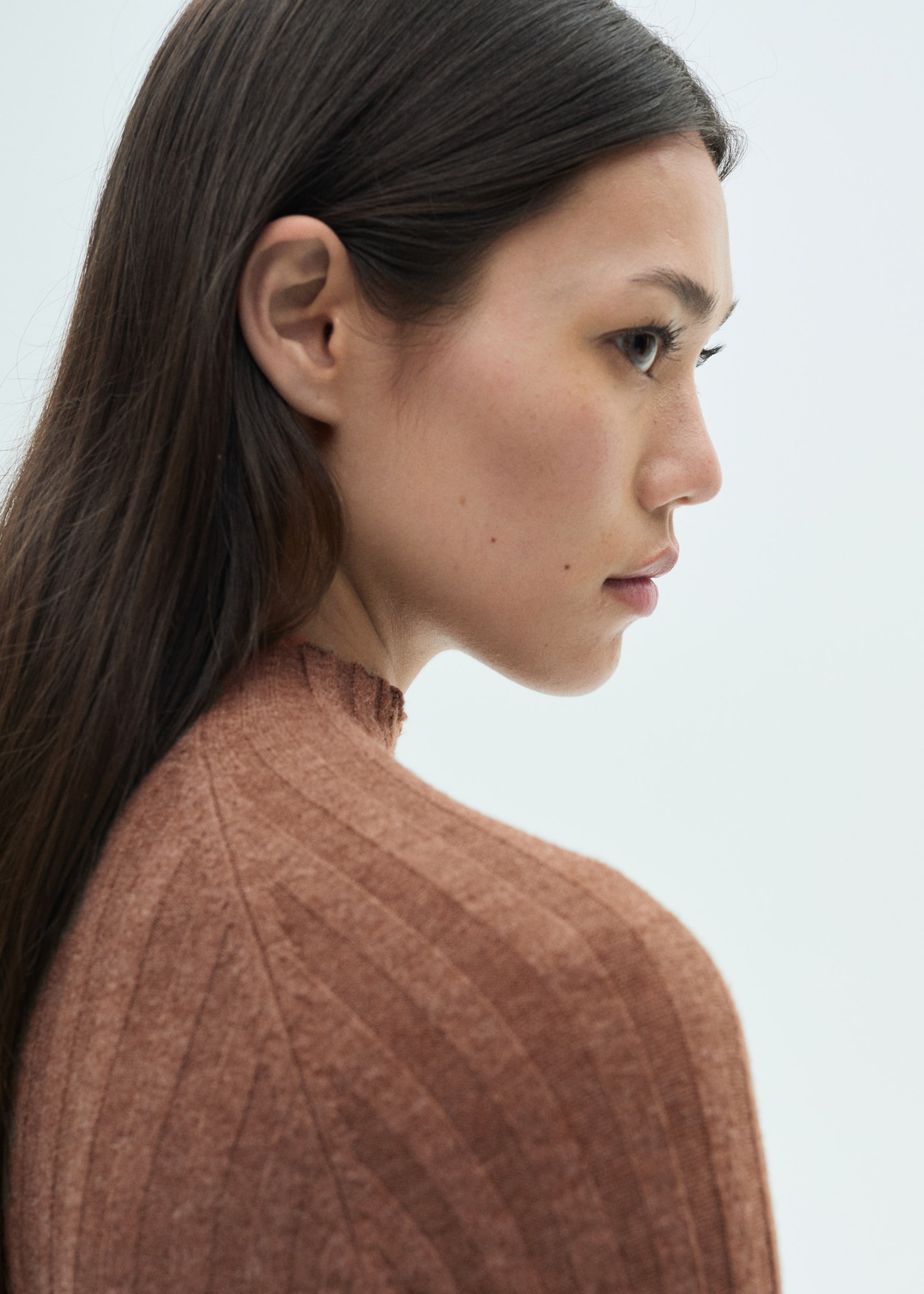 Perkins-neck ribbed dress - Details of the article 1, Caramel. Ref: 77085645-00.