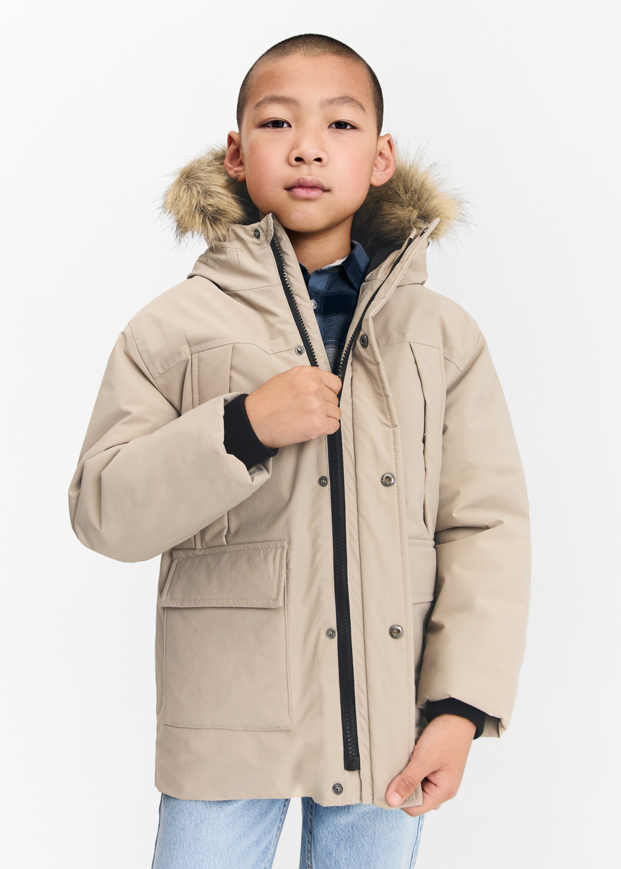 Quilted coat with fur-effect hood - Medium plane
