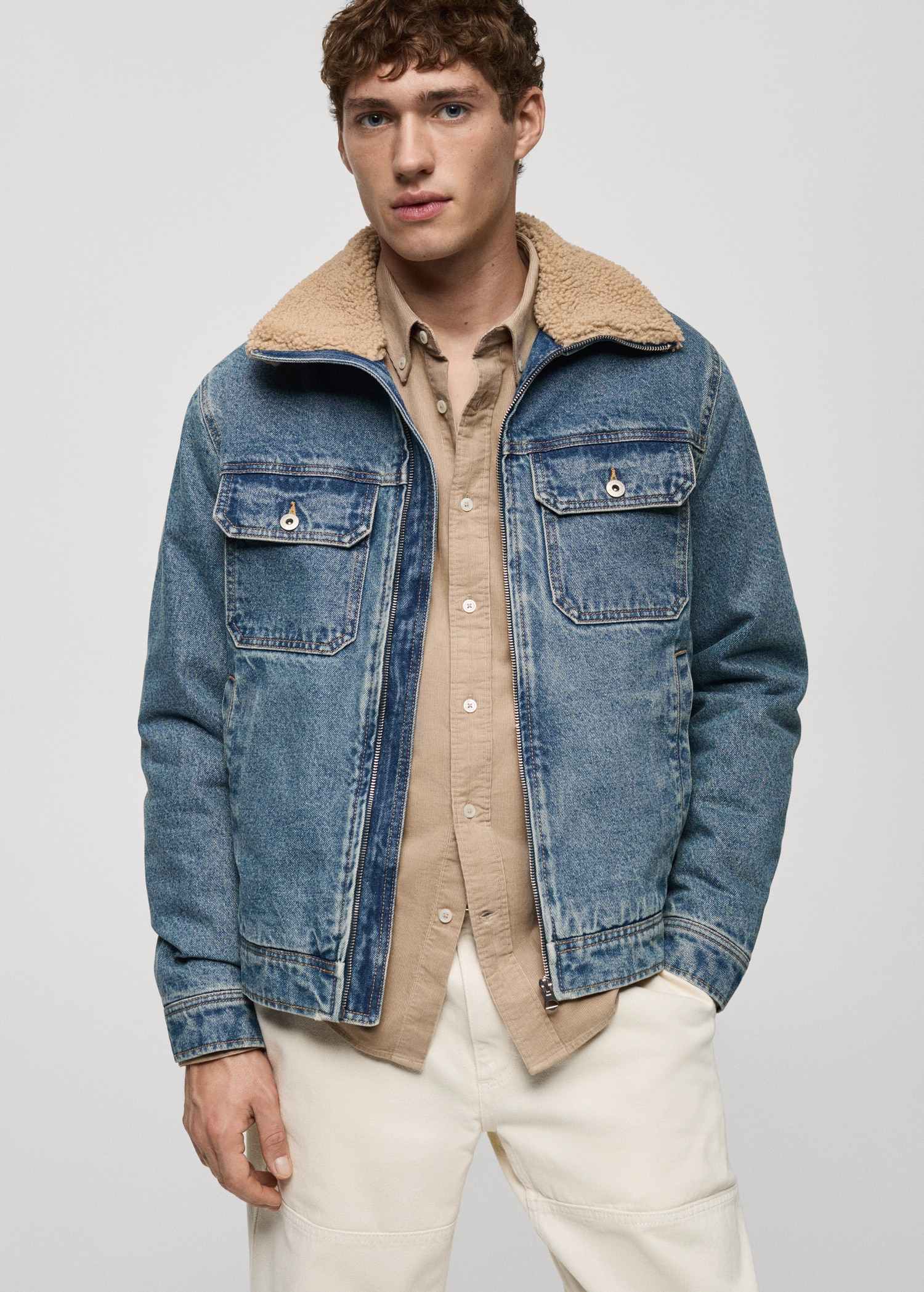 Mens Jean Jacket With Shearling Dark Blue Faux Fur Lined Sherpa