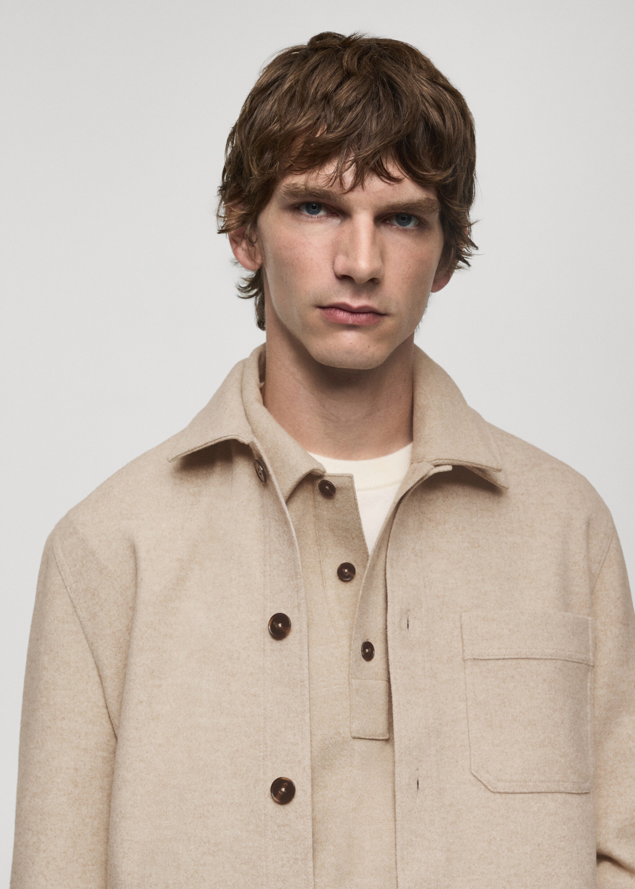 Regular fit flannel overshirt - Details of the article 6, Sand. Ref: 77087919-00.
