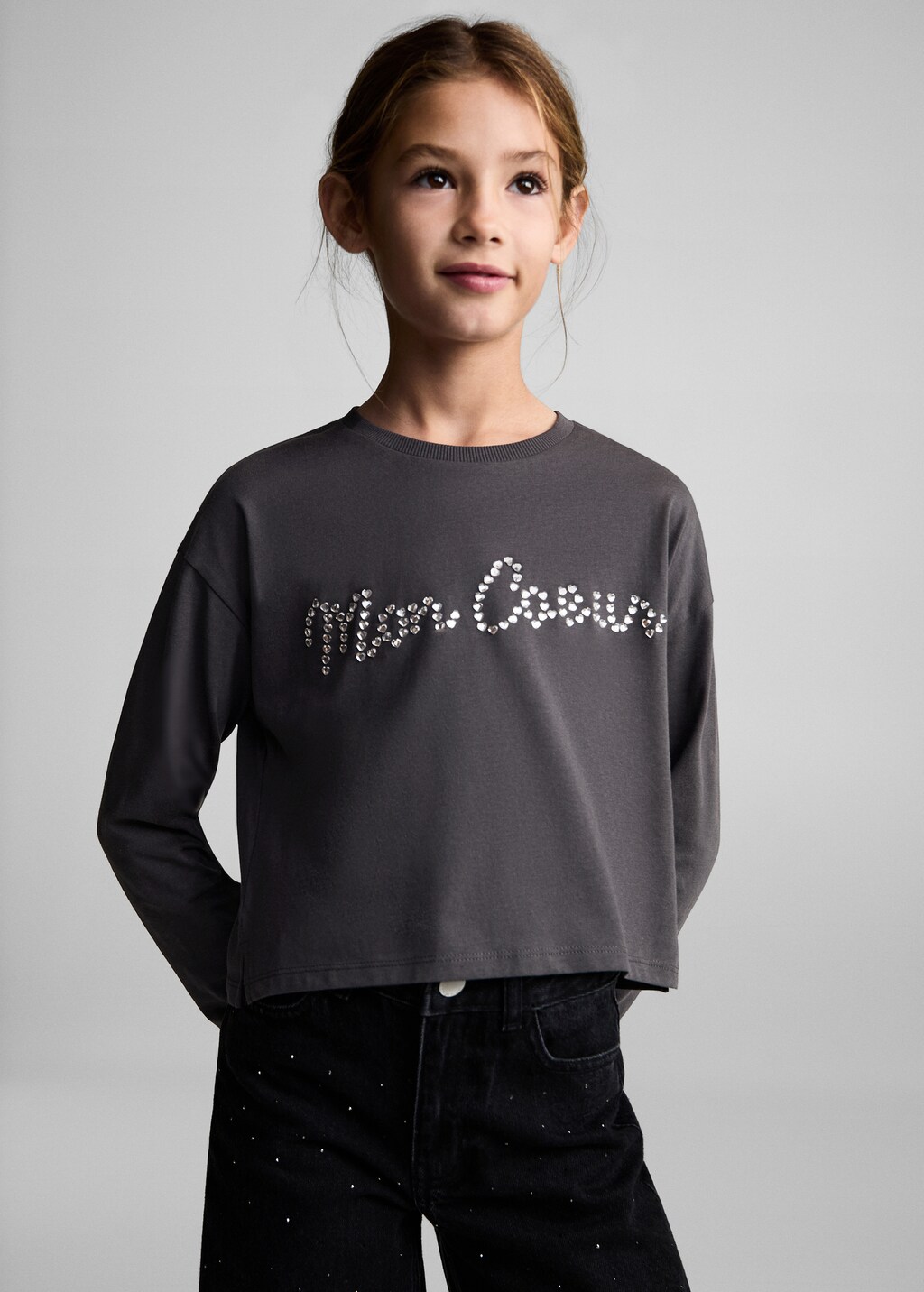 Long-sleeved t-shirt with rhinestone detail - Kids | MANGO USA Long-sleeved t-shirt with rhinestone detail - Kids | MANGO USA