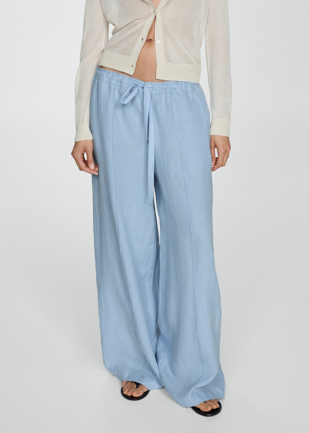MANGO 100 linen wideleg trousers sky blue XL Woman