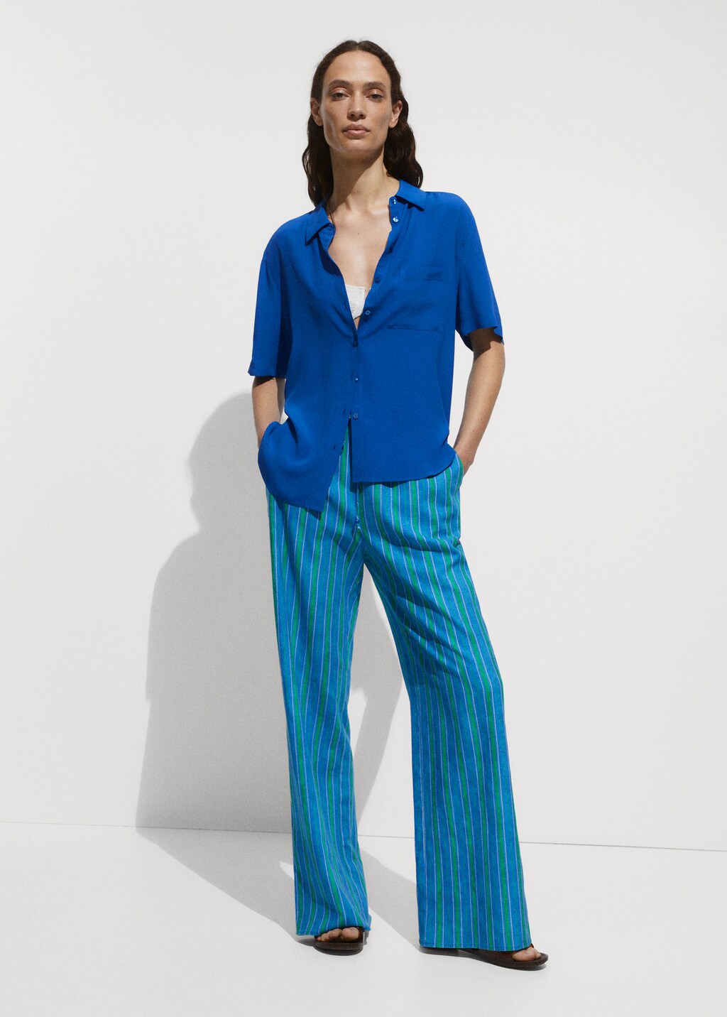 Stripe print linen trousers Woman MANGO Oman