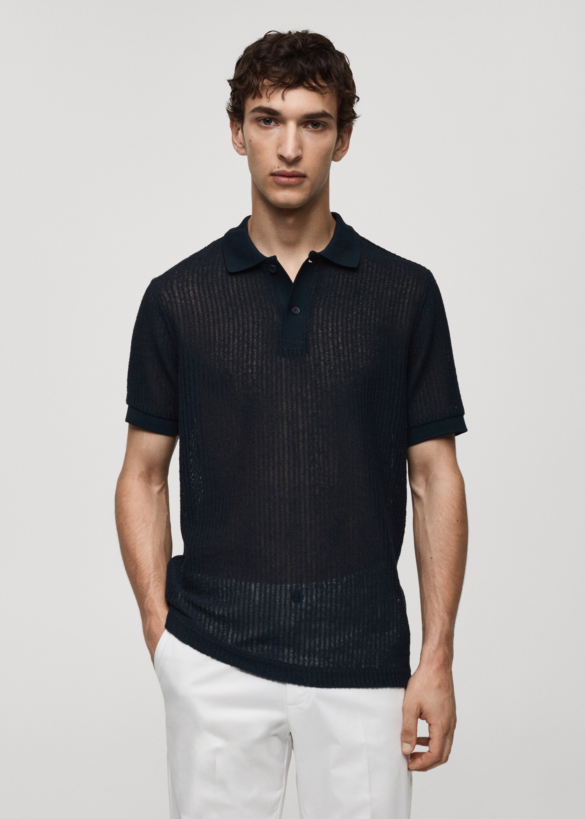 Regular-fit openwork knitted polo shirt - Medium plane