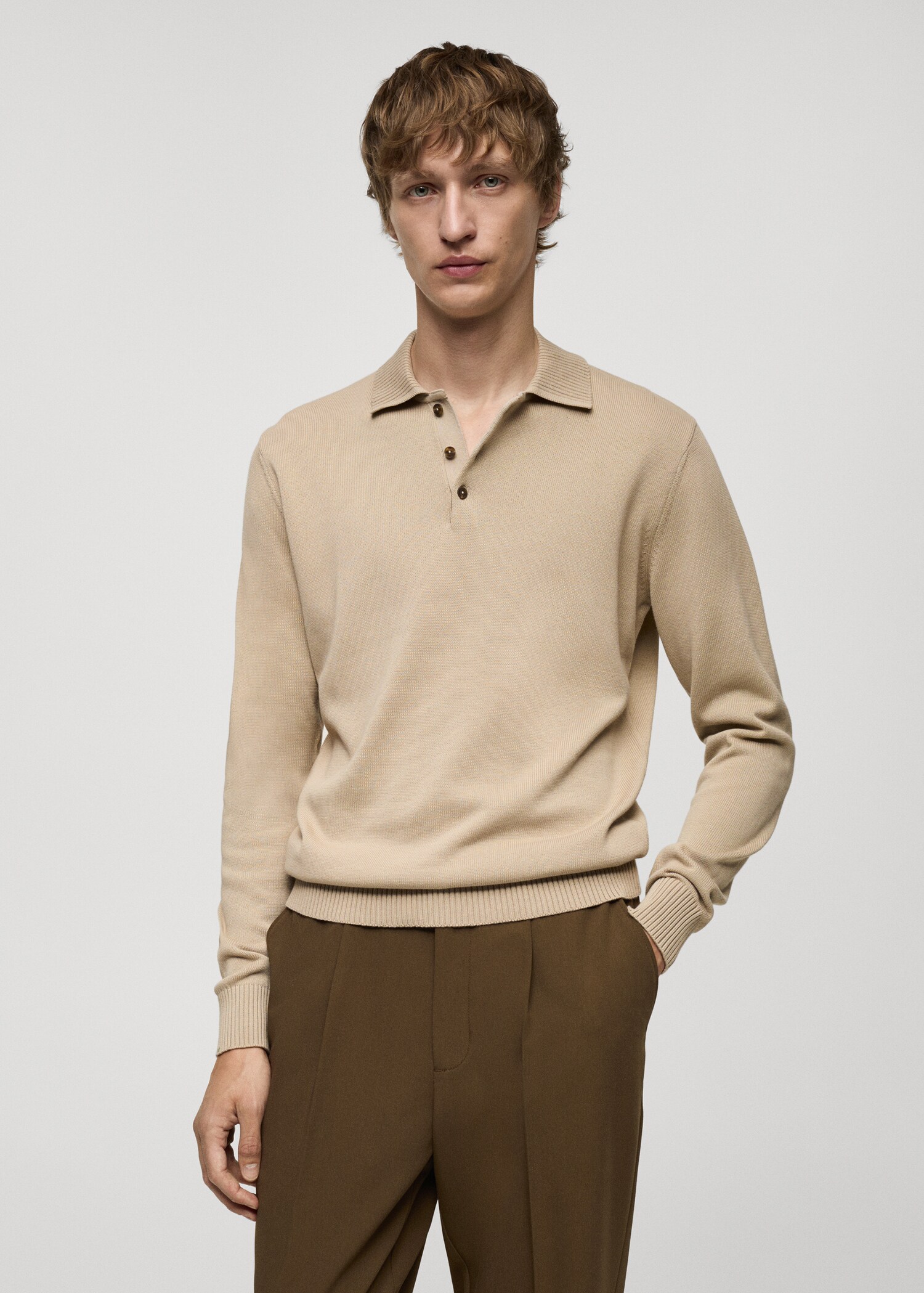 Long-sleeved cotton-knit polo sweater - Medium plane