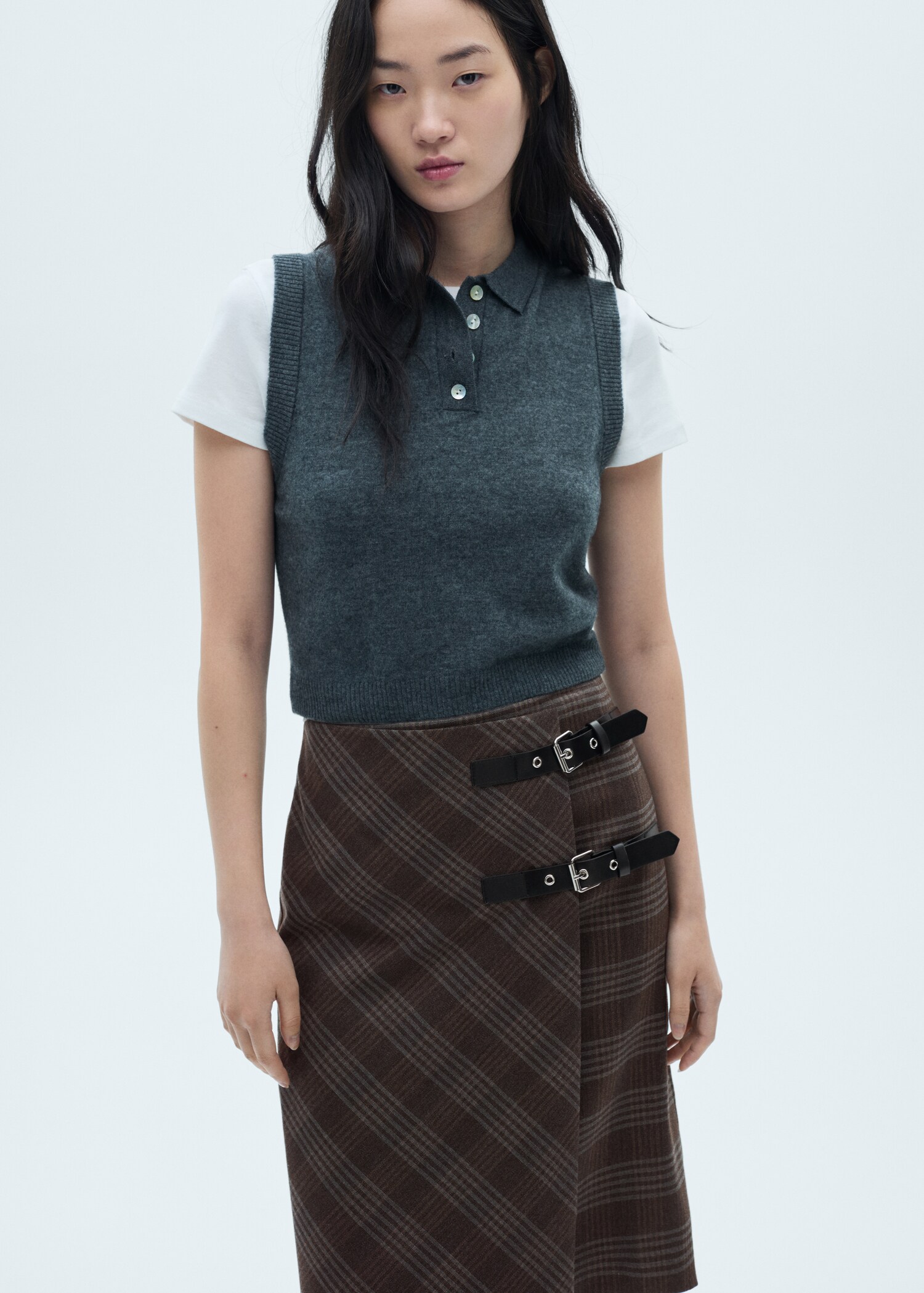 Check skirt with double belt - Medium plane