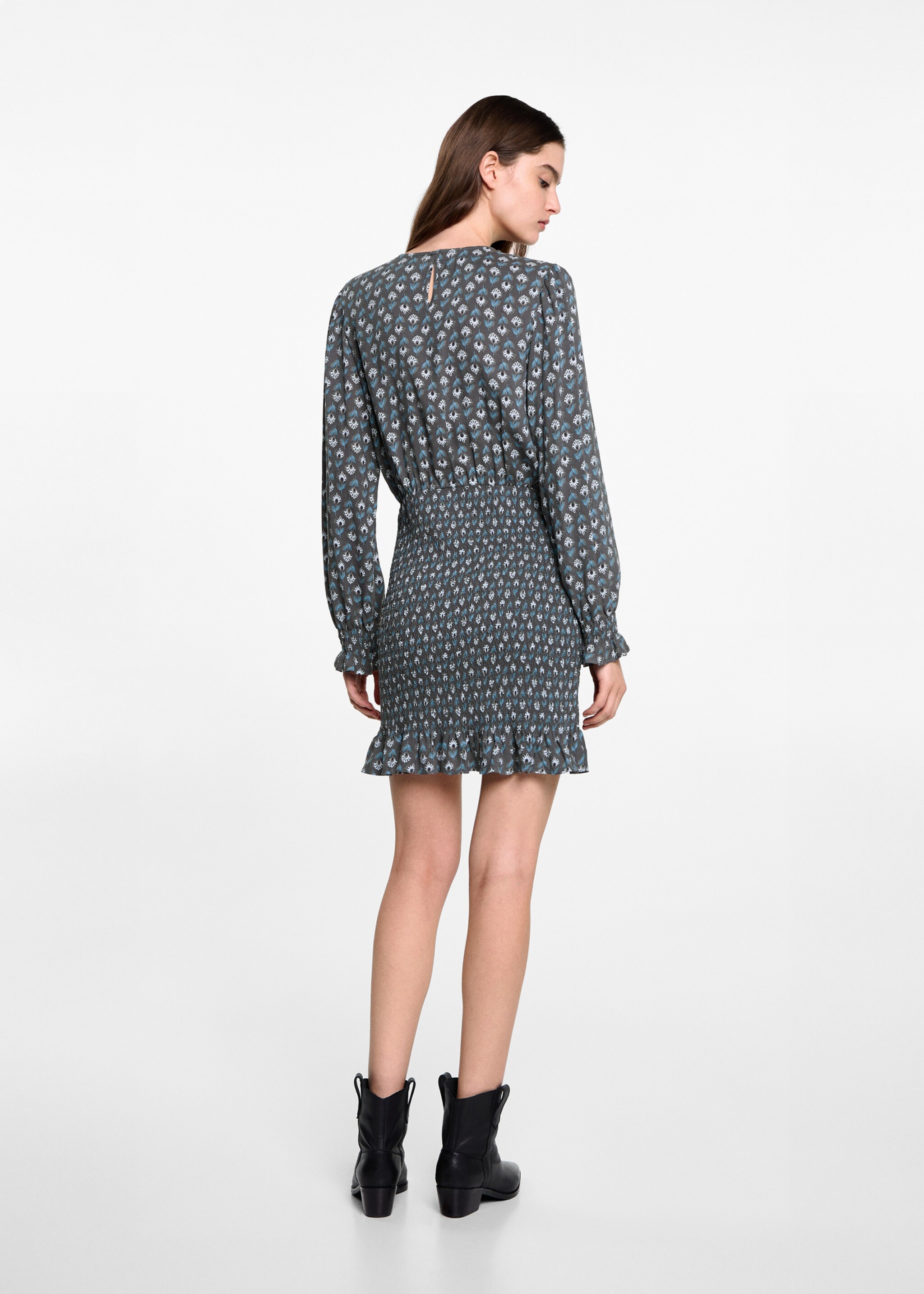 Vestido estampado detalle fruncido - Reverso del artículo, Gris antracita. Ref: 77097701-00.