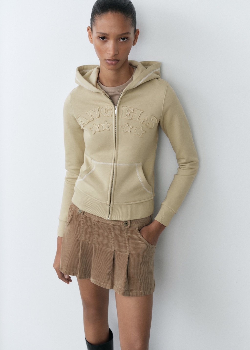 MANGO Cotton sweatshirt with embroidered message beige S Woman