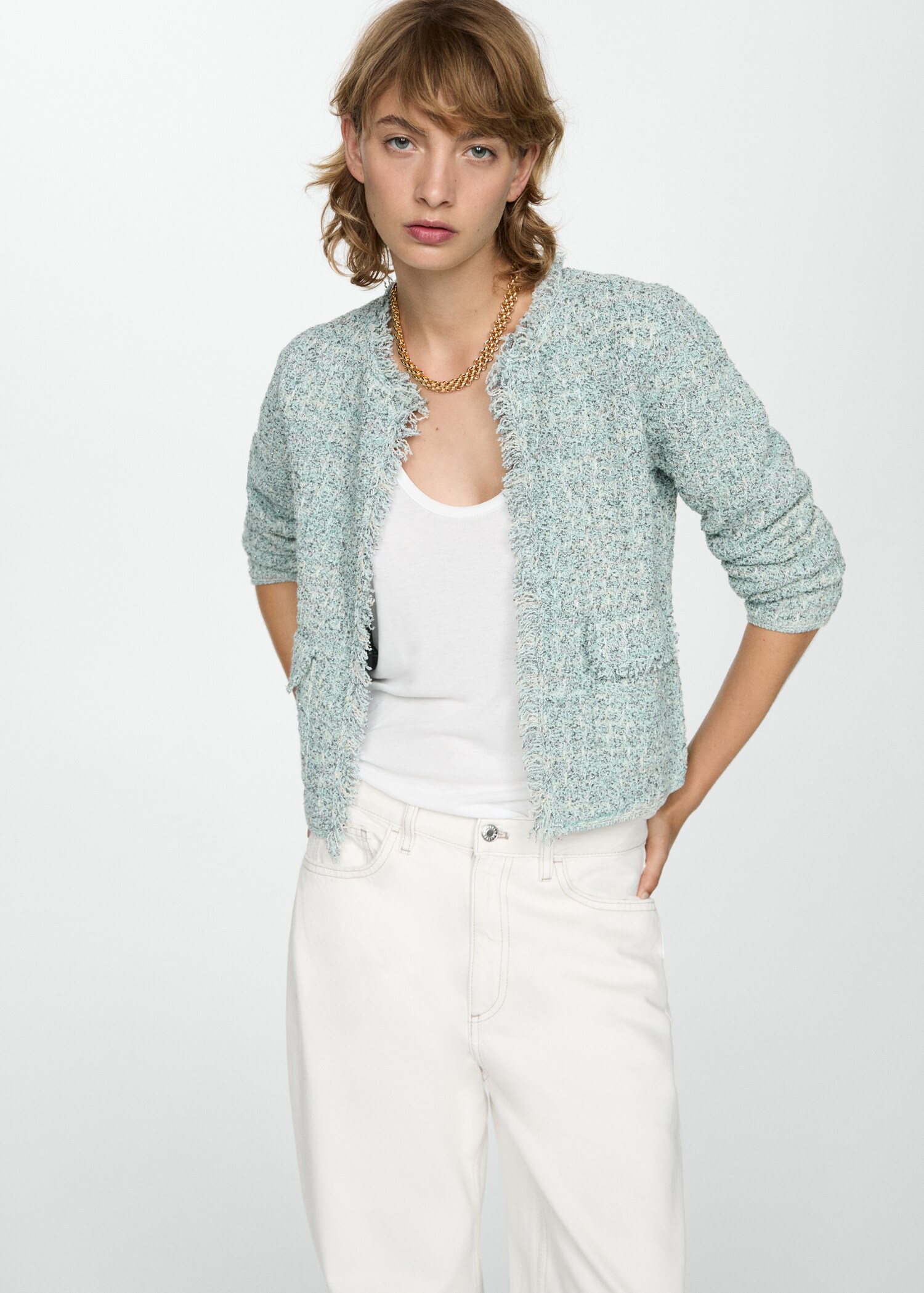 Veste tweed bords effilochés - Plan moyen