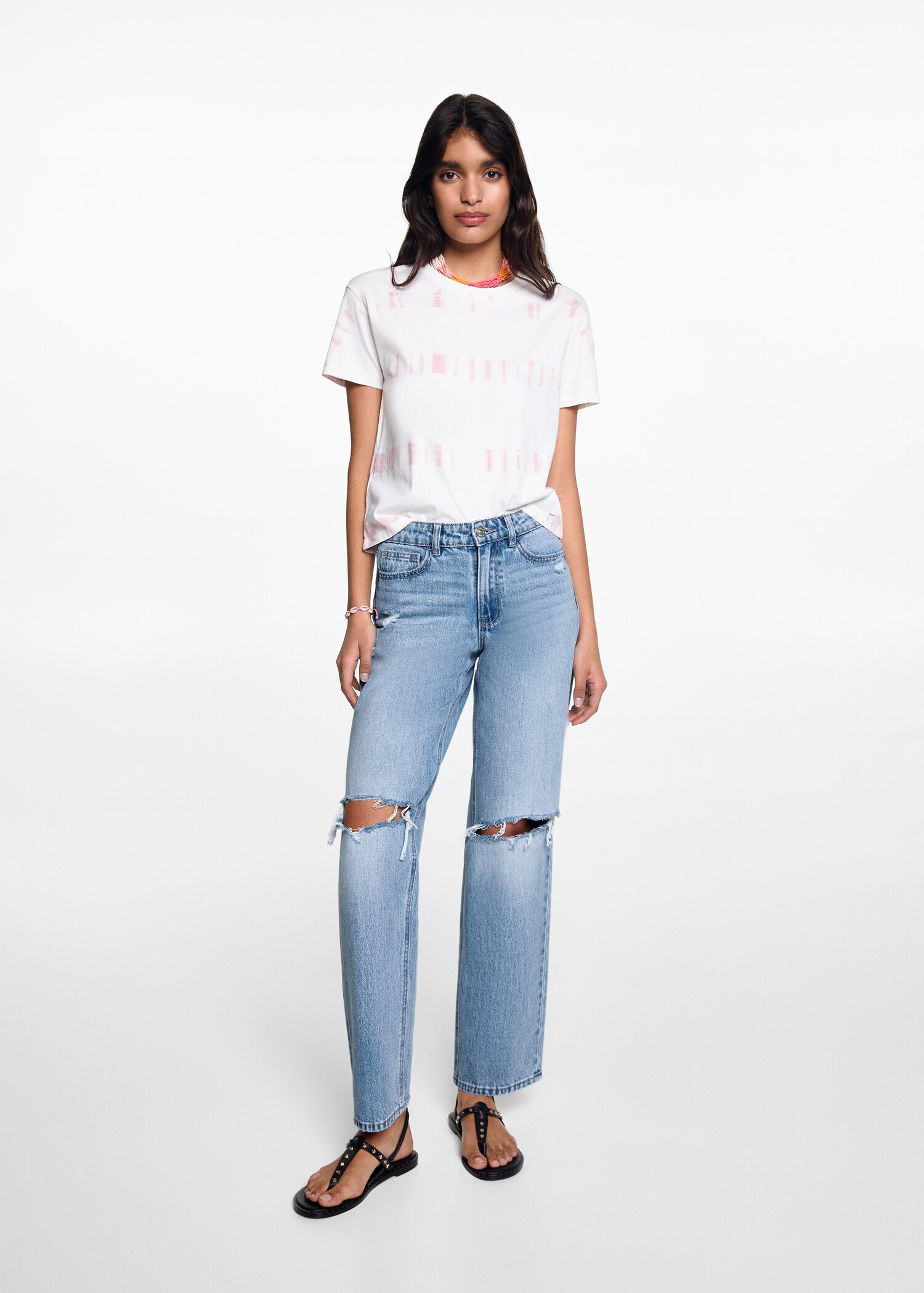 Ripped medium-waist straight jeans - General plane