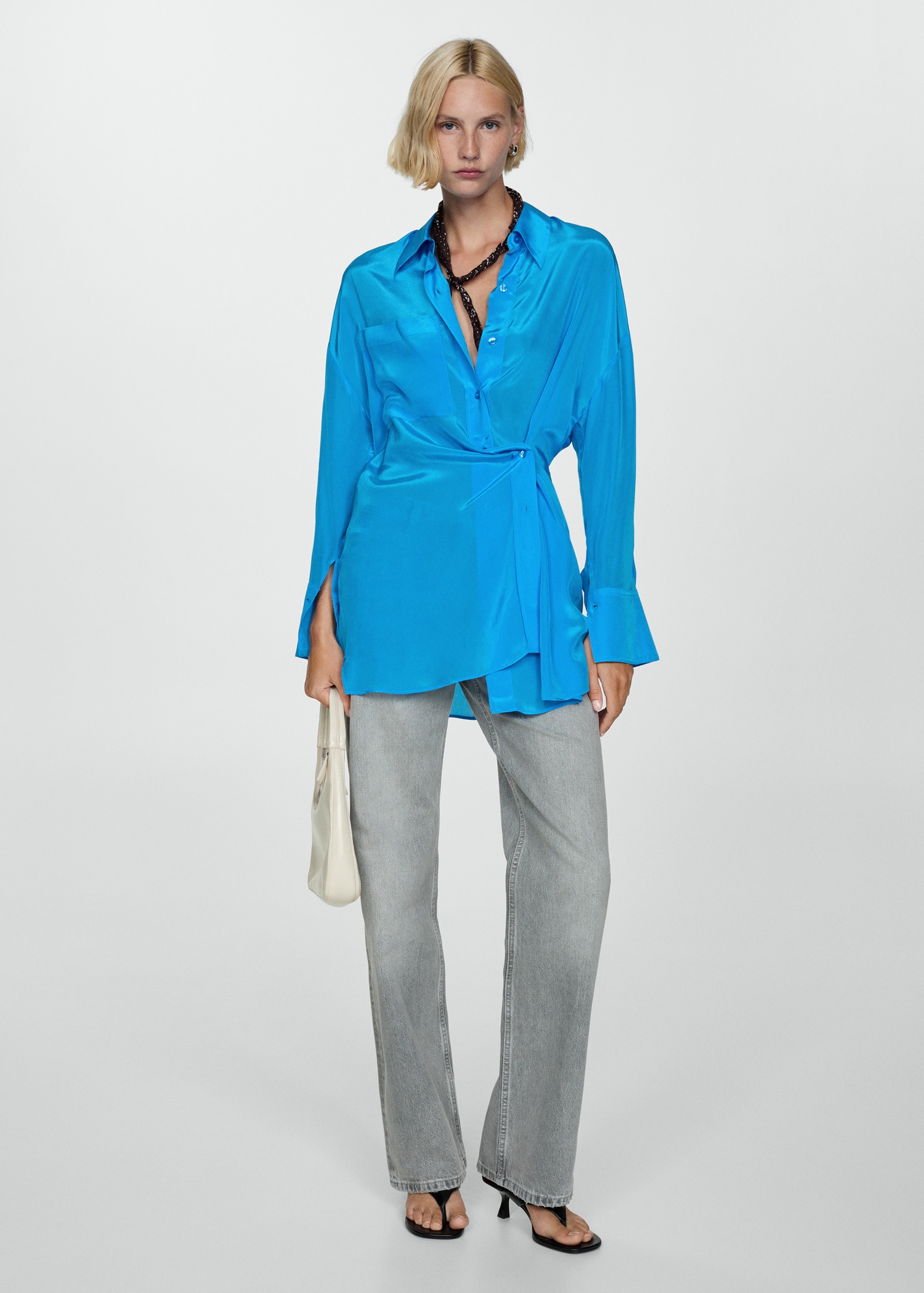 Long satin shirt with asymmetrical closure - General plane