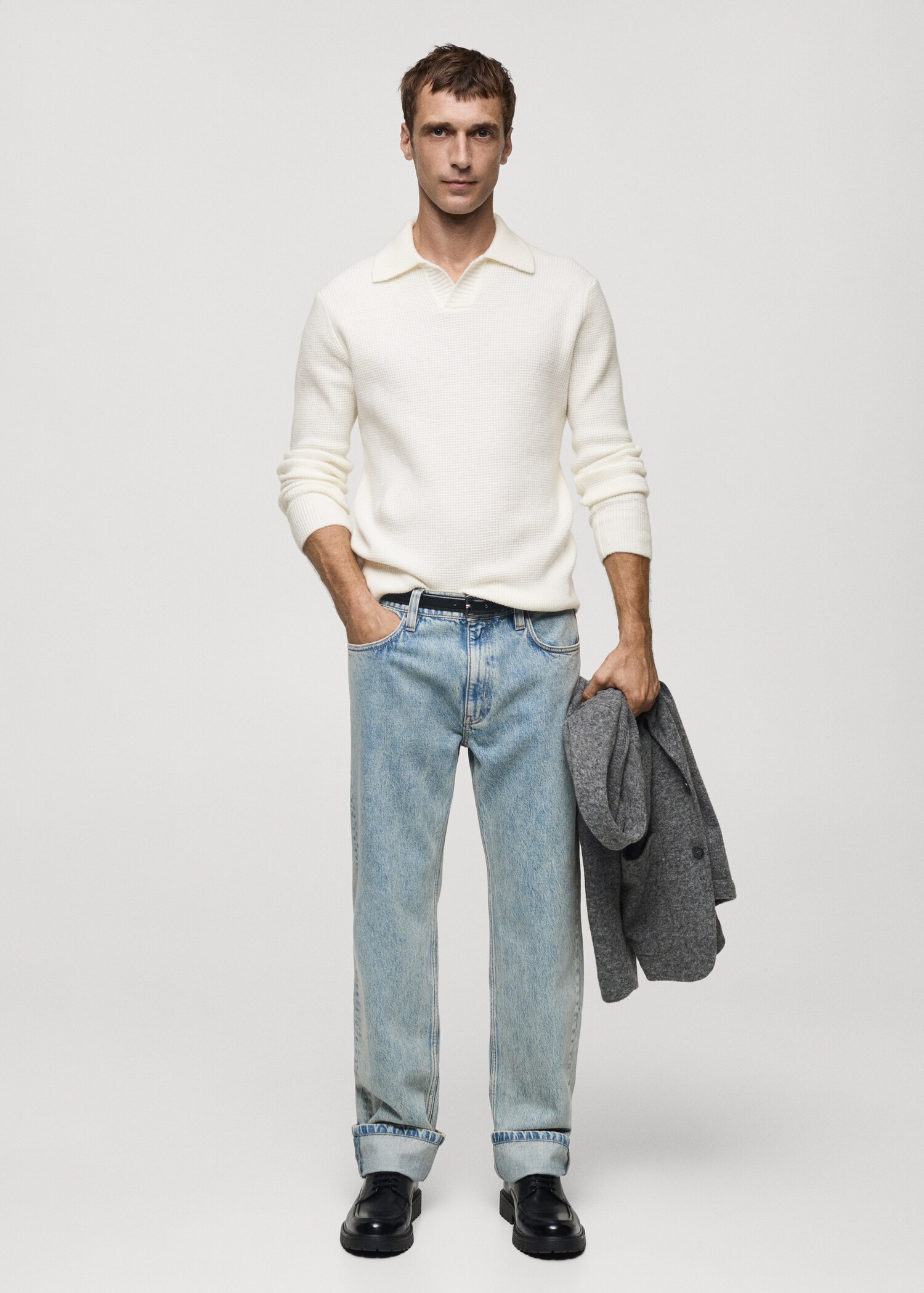 Knitted structured check polo sweater - General plane