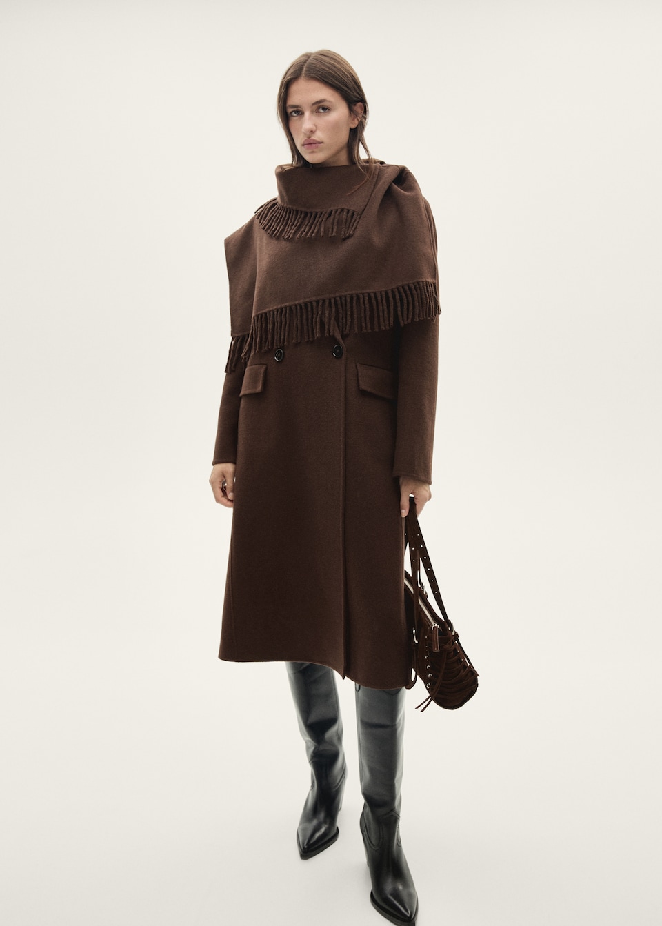 Mango brown Wool coat with fringed scarf