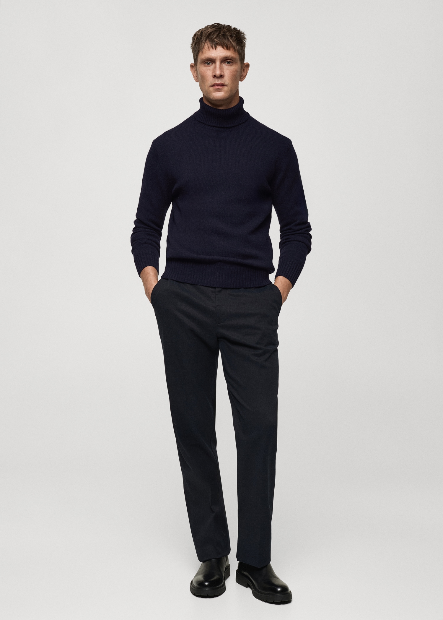 Cuello Alto Outfit Hombre Sueter Gris Jersey Punto Lana Cuello