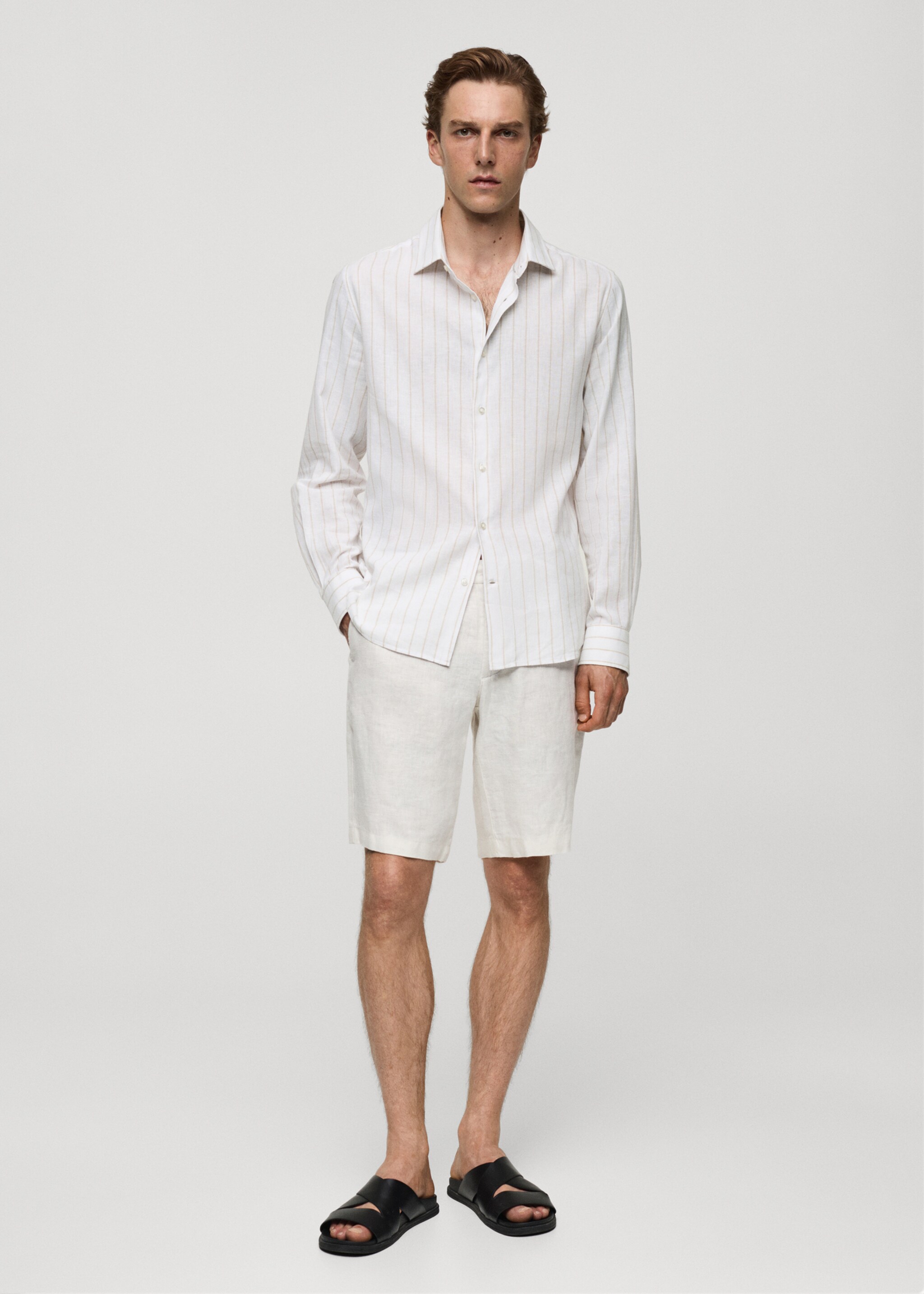 Camisa regular fit lino algodón rayas - Plano general, Marrón medio. Ref: 77020579-00.