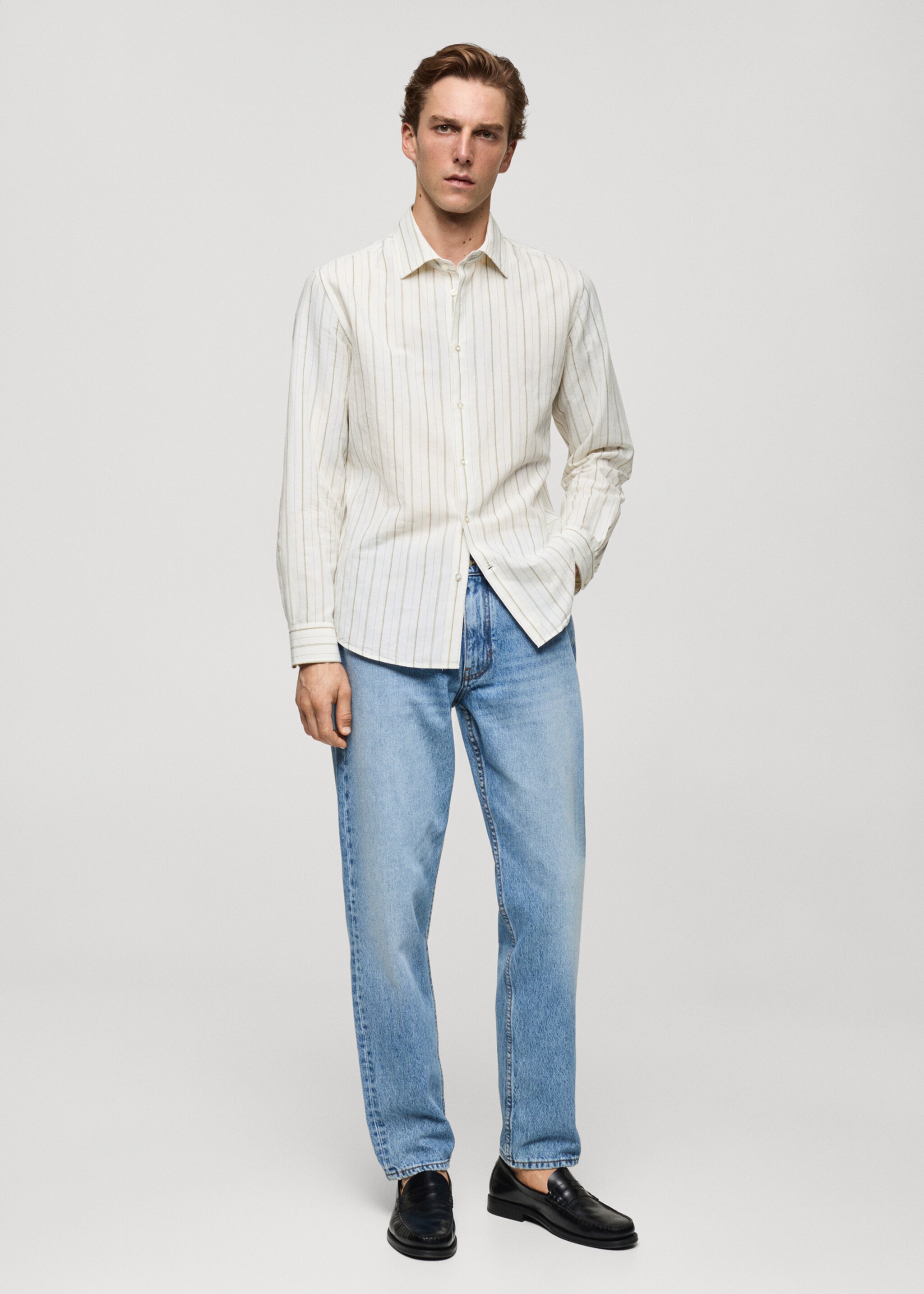 Chemise regular-fit lin coton rayures - Plan général, Kaki. Ref: 77022538-00.