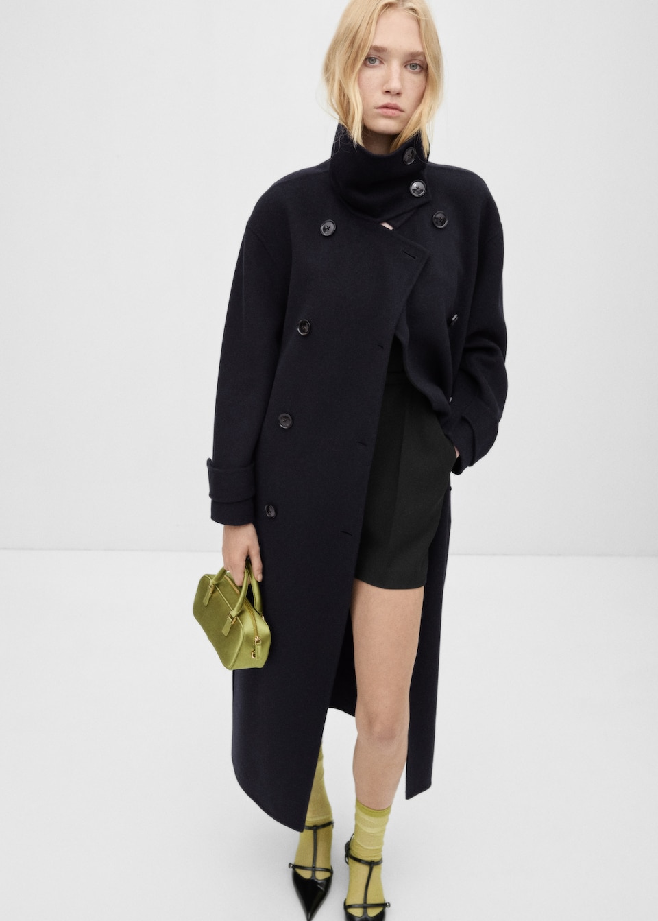 Mango black funnel neck Double-breasted wool coat