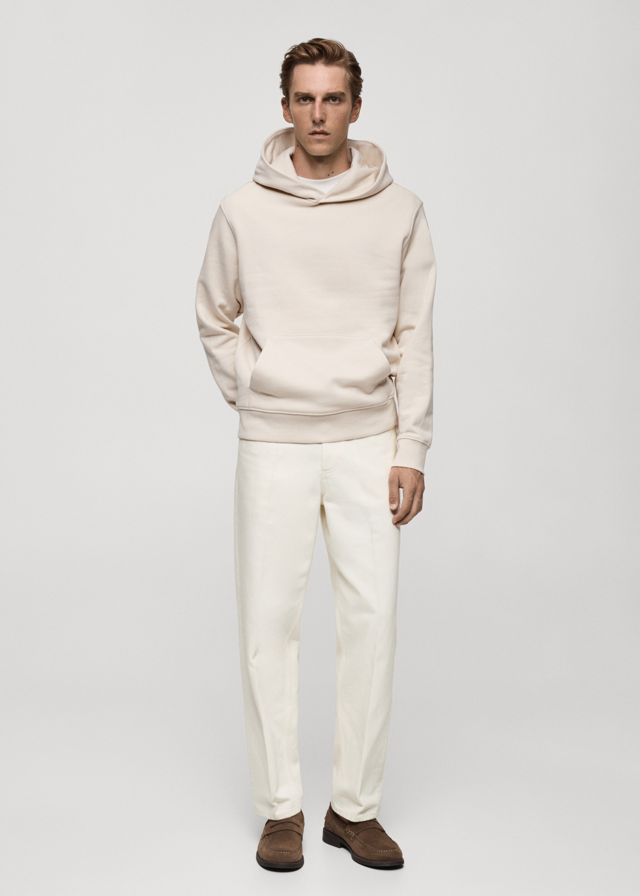 Свитшот кенгуру из хлопка с капюшоном - Общий план, Экрю. Ref: 77027115-00.