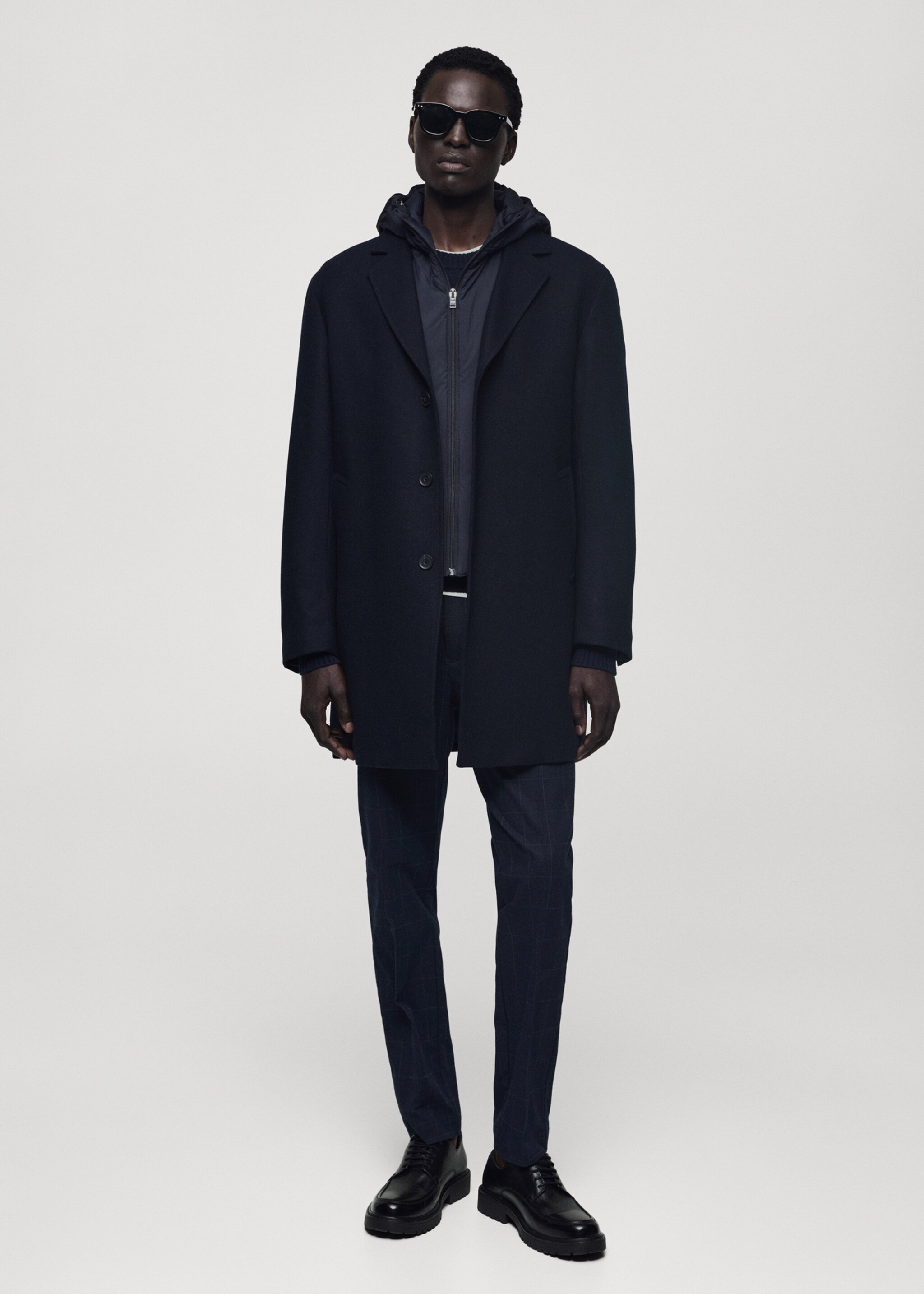 Wool coat with quilted interior hood - General plane