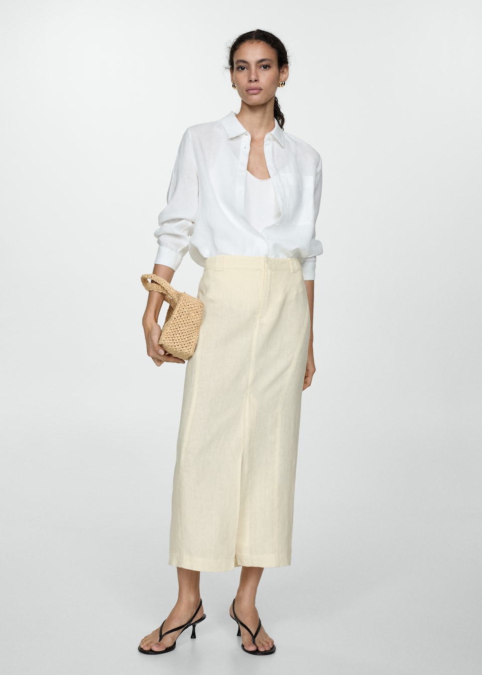 Mango cream linen pencil skirt with seam details.