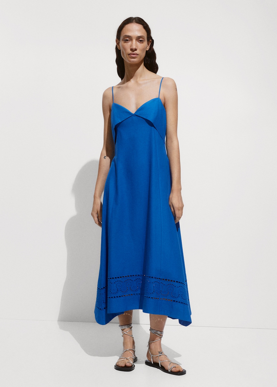 Mango blue Embroidered dress with turn-down neckline