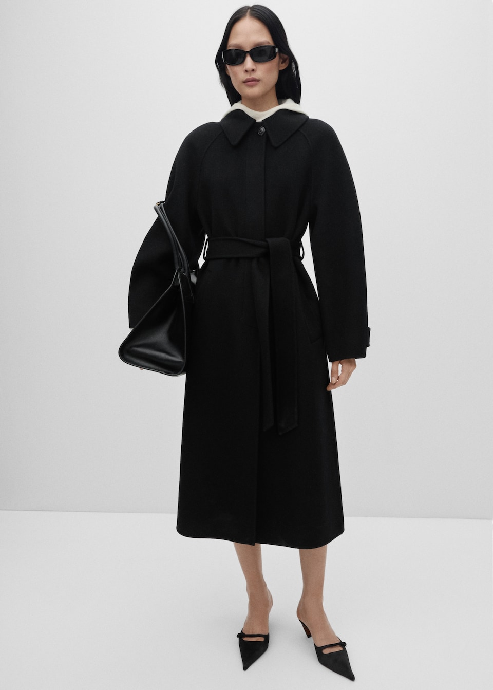 Mango black Woollen coat with belt,
