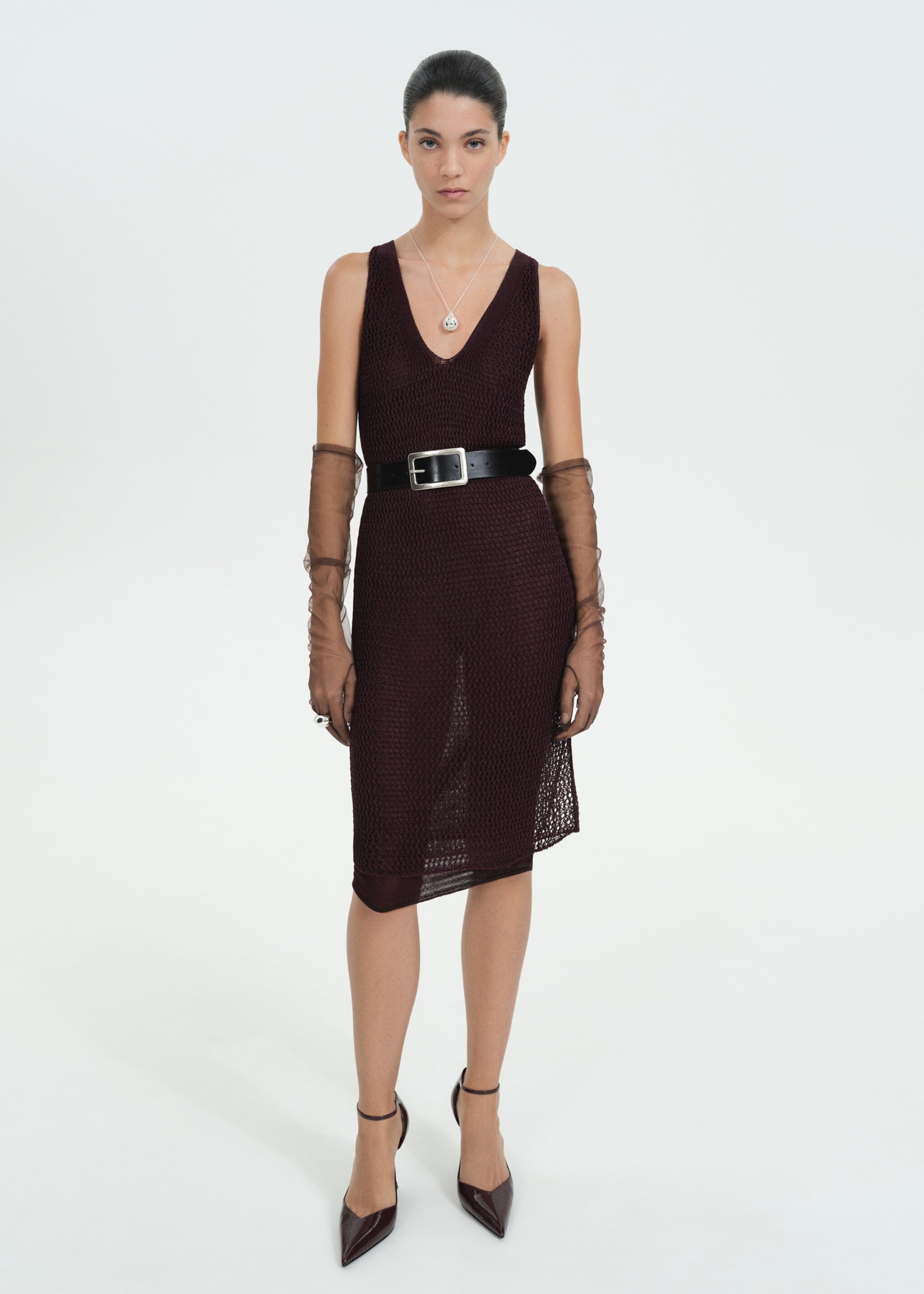 Lurex openwork knit dress - General plane, Burgundy. Ref: 77049071-00.